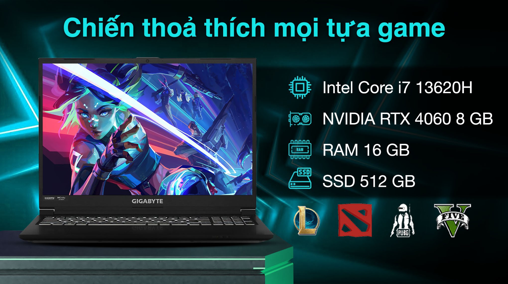 Laptop GIGABYTE Gaming G6 KF RC56 - 9RC56KF0HJIIXIVN000 (i7 13620H, 16GB, 512GB, RTX 4060 8GB, WUXGA 165Hz, Win11)