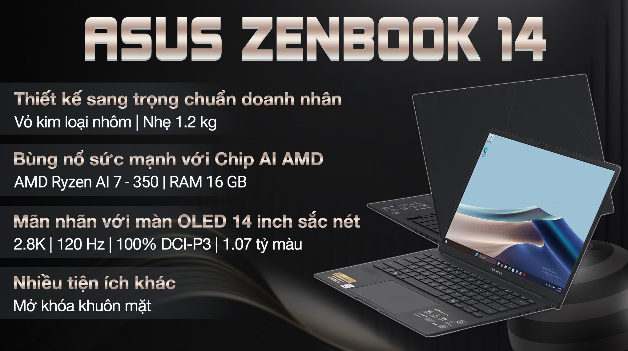 Laptop Asus Zenbook 14 UM3406KA - PP113WS (R7 AI 350, 16GB, 512GB, 2.8K 120Hz, OfficeH24+365, Win11)