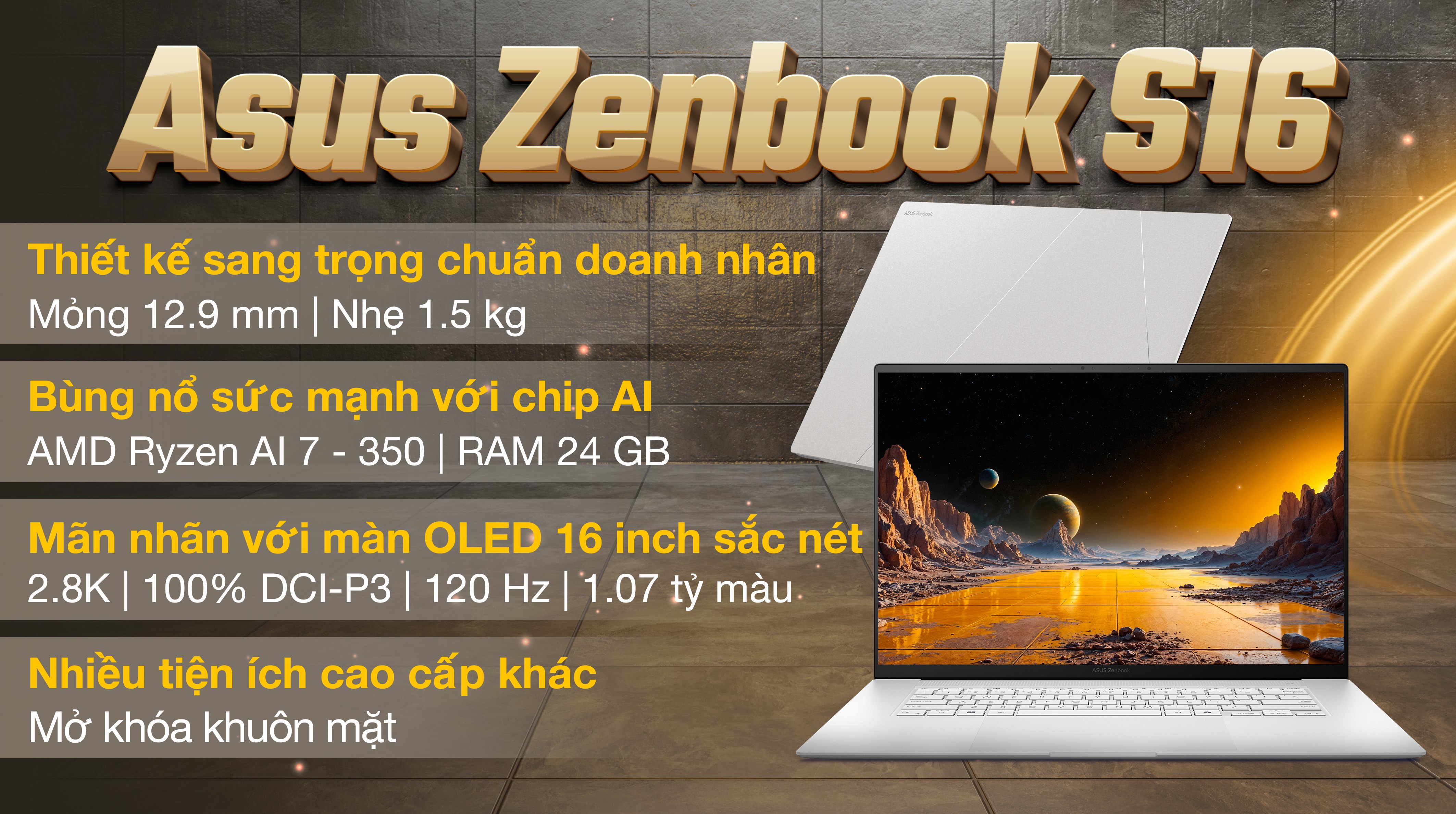 Laptop Asus Zenbook S16 UM5606KA - RK127WS (R7 AI 350, 24GB, 1TB, 2.8K 120Hz, OfficeH24+365, Win11)