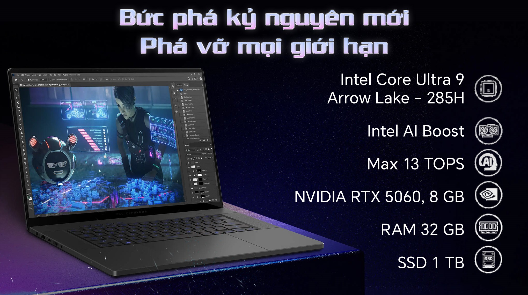 Laptop Asus Gaming ROG Zephyrus G16 GU605CM - QR078W (Ultra 9 285H, 32GB, 1TB, RTX 5060 8GB, WQXGA OLED 240Hz, Win11)