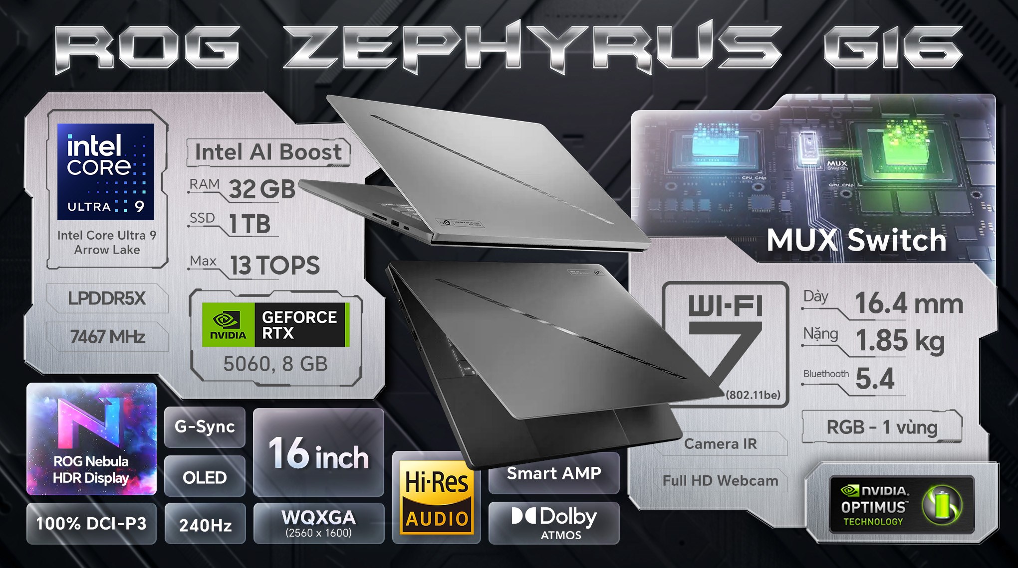 Laptop Asus Gaming ROG Zephyrus G16 GU605CM - QR078W (Ultra 9 285H, 32GB, 1TB, RTX 5060 8GB, WQXGA OLED 240Hz, Win11)