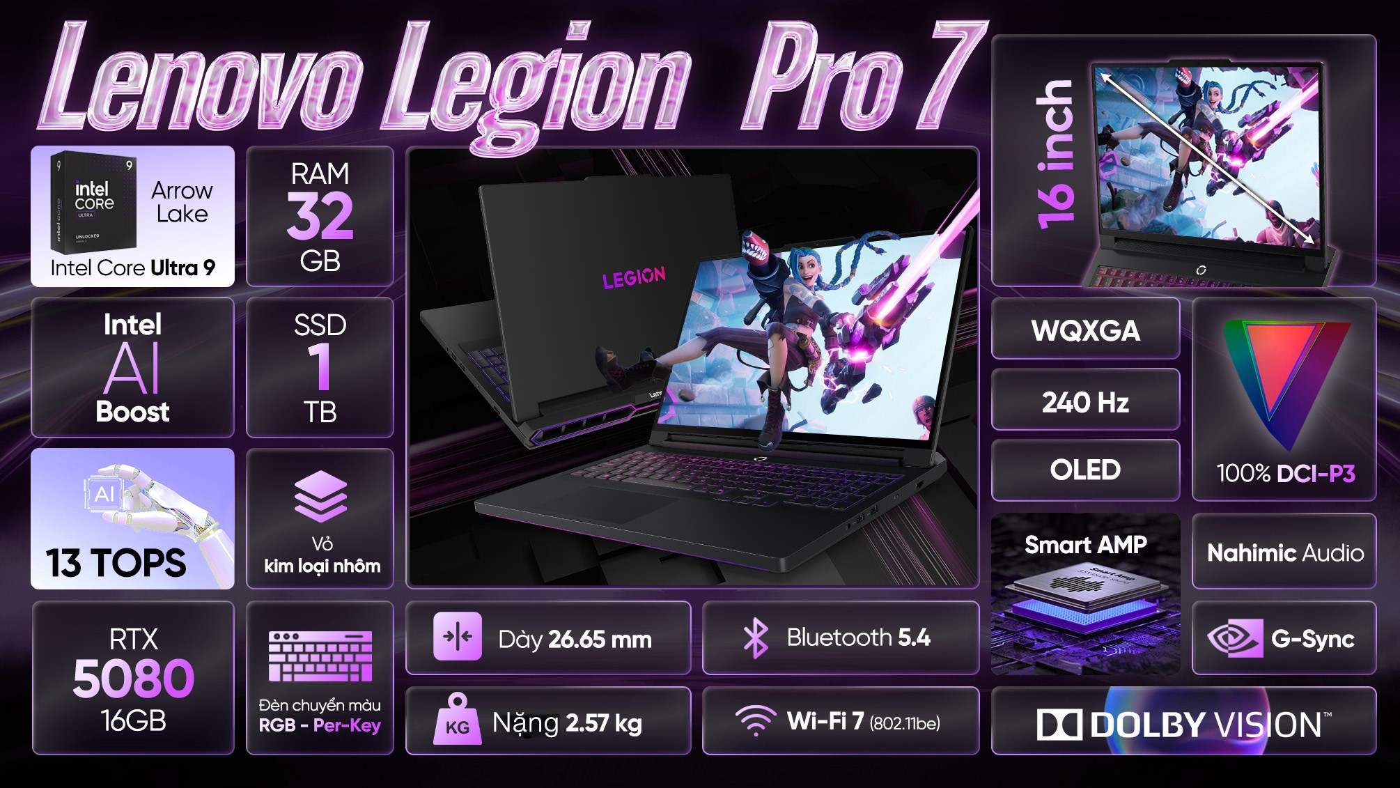 Laptop Lenovo Gaming Legion Pro 7 16IAX10H - 83F5008WVN (Ultra 9 275HX, 32GB, 1TB, RTX 5080 16GB, WQXGA OLED 240Hz, OfficeH24, Win11)
