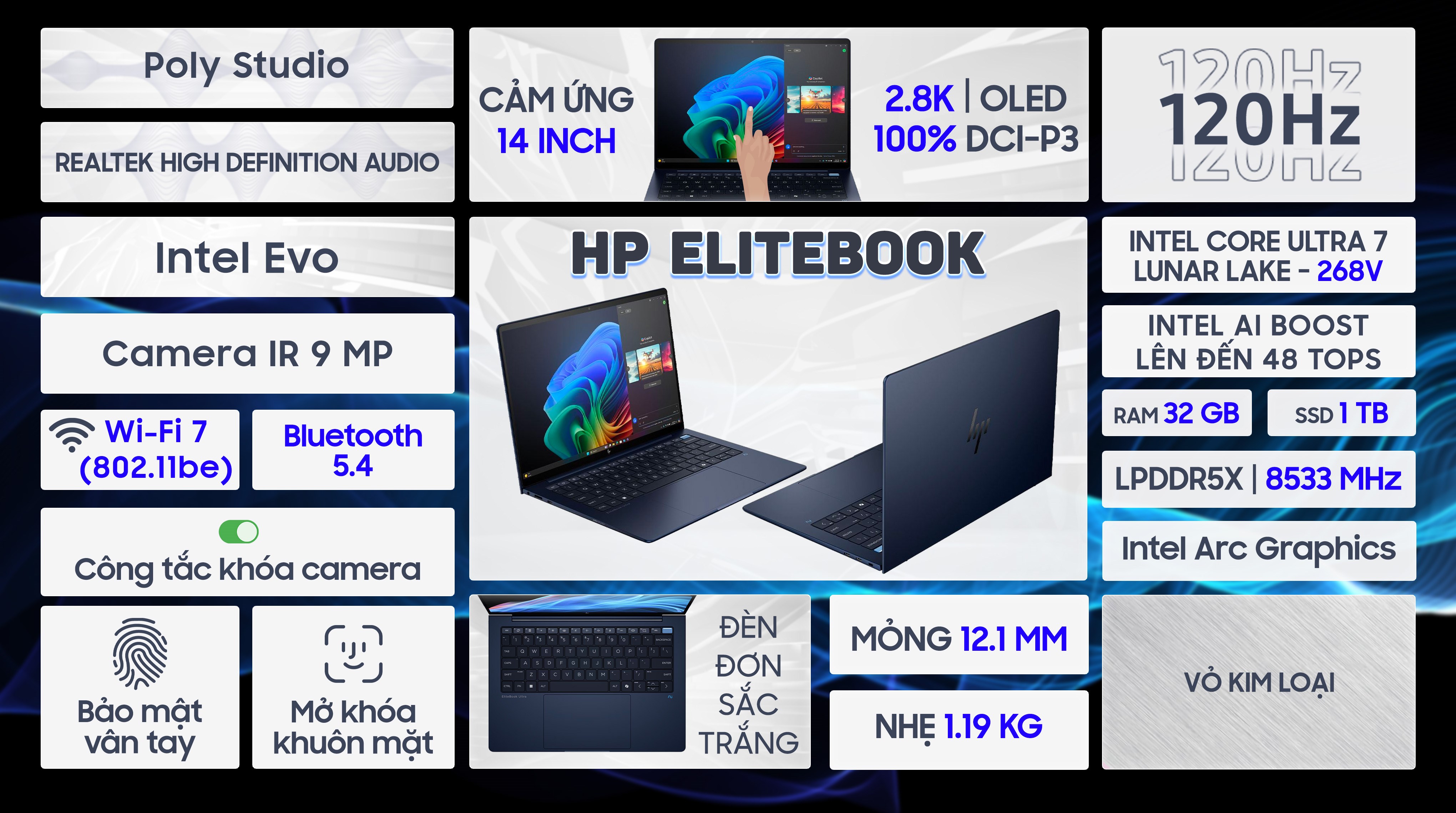 Laptop HP EliteBook Ultra G1i AI - B9FE9PT (Ultra 7 268V, 32GB, 1TB, 2.8K OLED 120Hz, Cảm ứng, Win11 Pro)