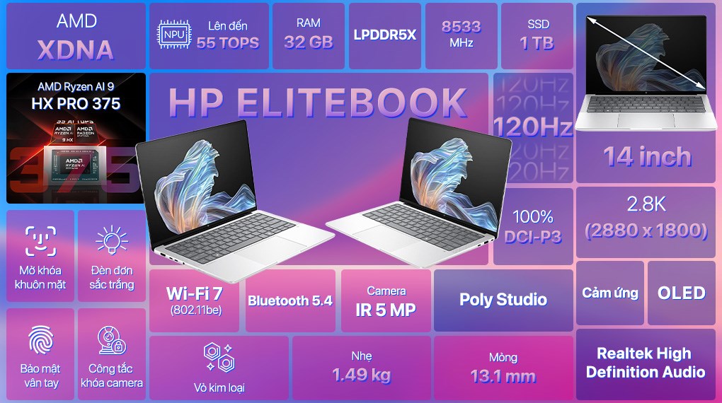 Laptop HP EliteBook X G1a 14 AI - B9FE4PT (R9 AI HX PRO 375, 32GB, 1TB, 2.8K OLED 120Hz, Cảm ứng, Win11 Pro)