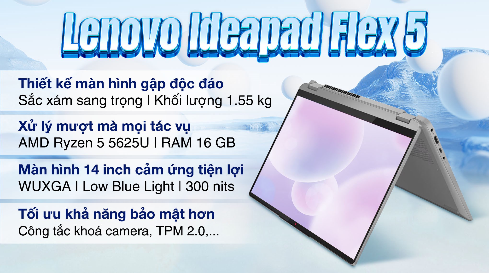 Laptop Lenovo IdeaPad Flex 5 14ABR8 - 82XX00FVVN (R5 5625U, 16GB, 512GB, WUXGA, Cảm ứng, Win11)
