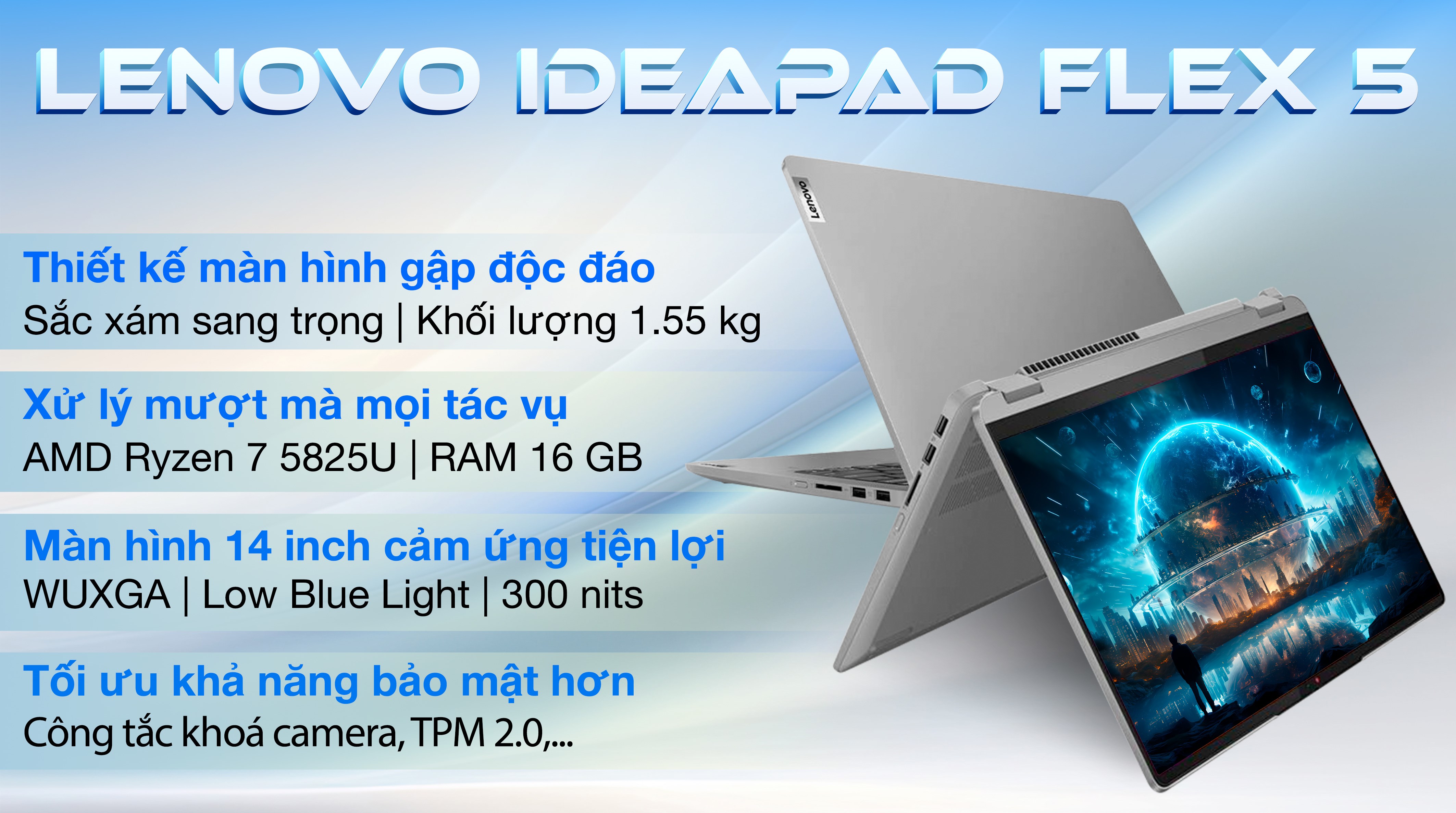 Laptop Lenovo IdeaPad Flex 5 14ABR8 - 82XX00FWVN (R7 5825U, 16GB, 512GB, WUXGA, Cảm ứng, Win11)