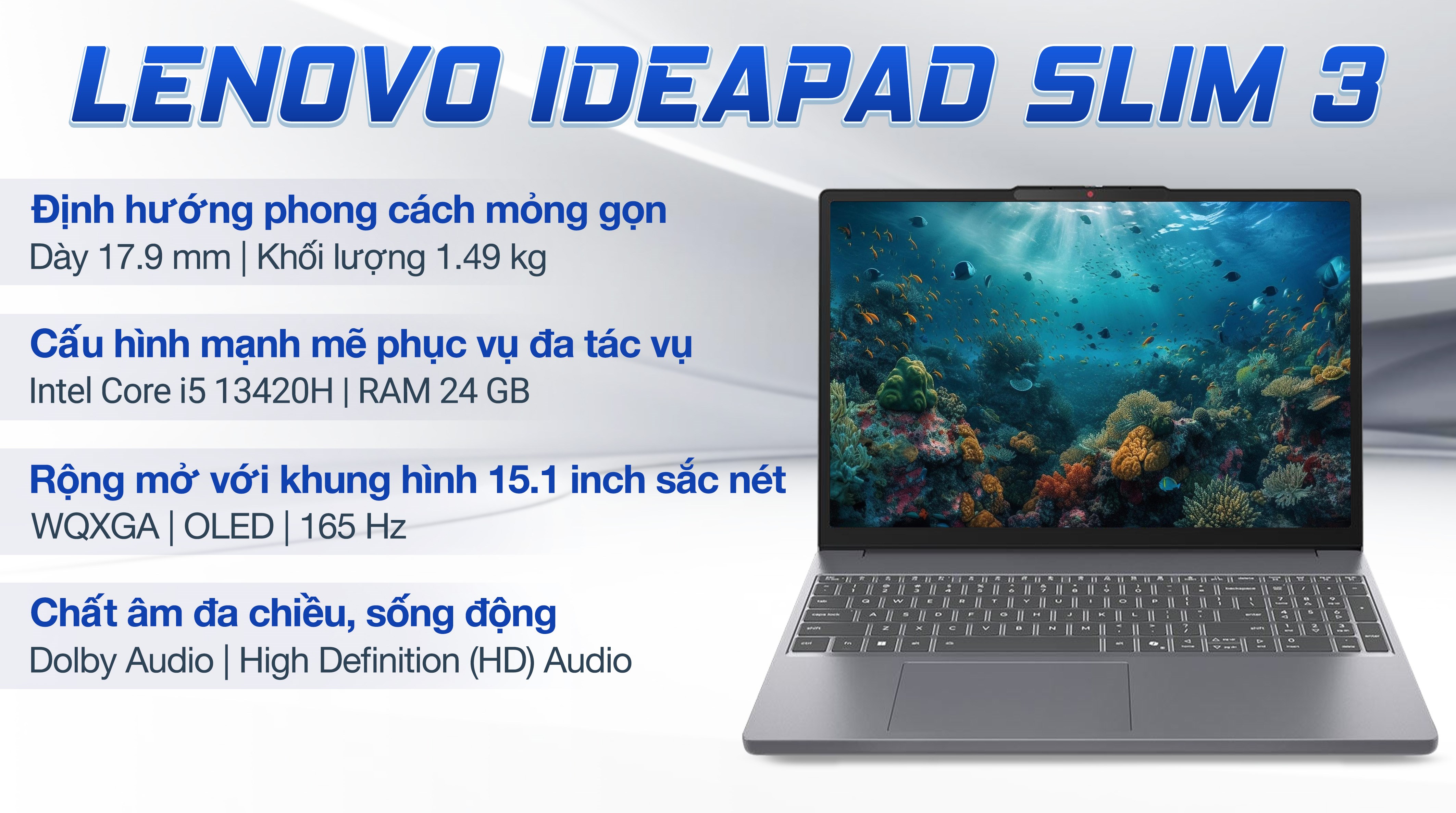 Laptop Lenovo IdeaPad Slim 3 OLED 15IRH10 - 83K1002NVN (i5 13420H, 24GB, 512GB, WQXGA OLED 165Hz, Win11)