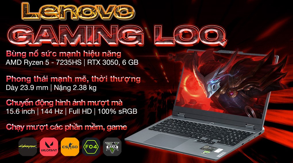 Laptop Lenovo Gaming LOQ 15ARP9 - 83JC00HXVN (R5 7235HS, 12GB, 512GB, RTX 3050 6GB, Full HD 144Hz, Win11)
