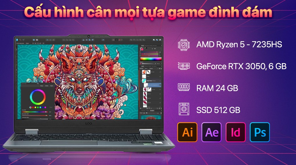 Laptop Lenovo Gaming LOQ 15ARP9 - 83JC00HYVN (R5 7235HS, 24GB, 512GB, RTX 3050 6GB, Full HD 144Hz, Win11)