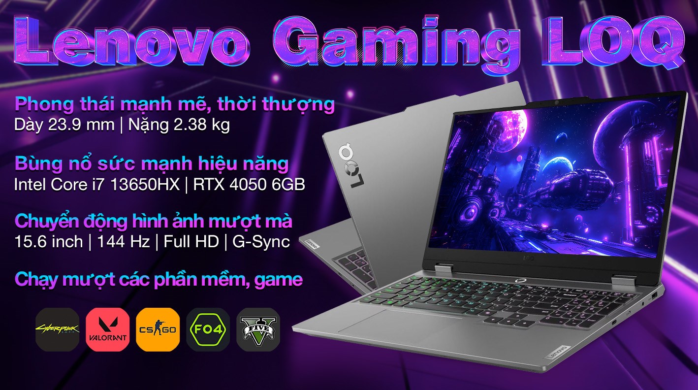 Laptop Lenovo Gaming LOQ 15IRX9 - 83DV017HVN (i7 13650HX, 24GB, 512GB, RTX 4050 6GB, Full HD 144Hz, Win11)