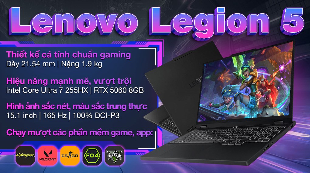 Laptop Lenovo Gaming Legion 5 15IAX10 - 83F0003CVN (Ultra 7 255HX, 32GB, 1TB, RTX 5060 8GB, WQXGA OLED 165Hz, OfficeH24, Win11)