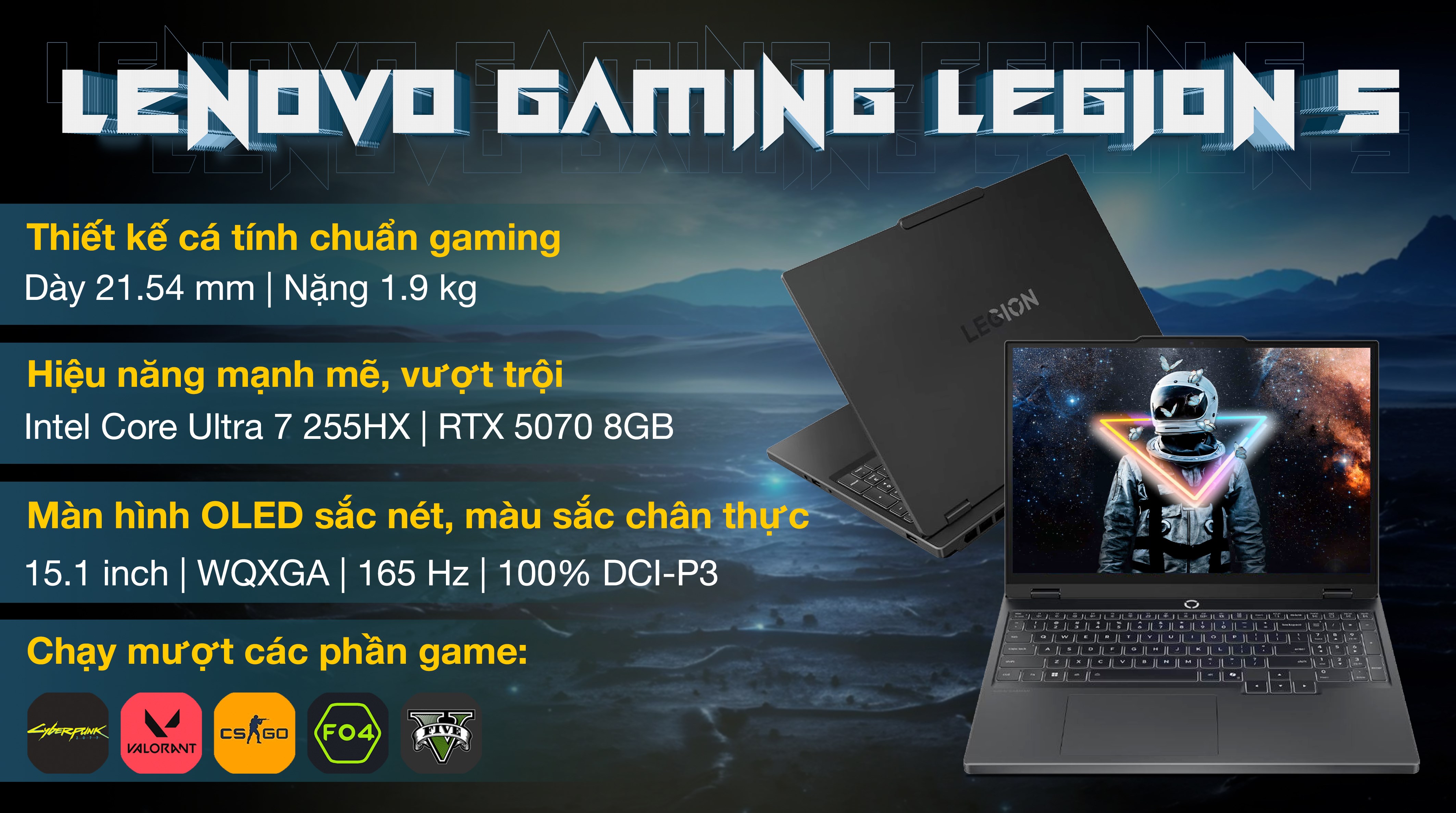 Laptop Lenovo Gaming Legion 5 15IAX10 - 83F0003BVN (Ultra 7 255HX, 32GB, 1TB, RTX 5070 8GB, WQXGA OLED 165Hz, OfficeH24, Win11)