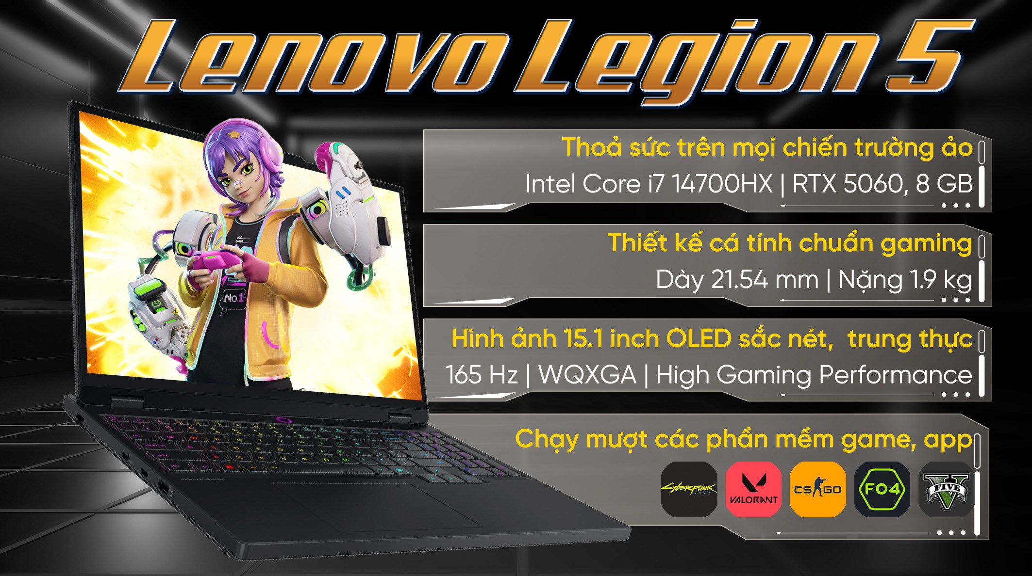 Laptop Lenovo Gaming Legion 5 15IRX10 - 83LY004JVN (i7 14700HX, 24GB, 1TB, RTX 5060 8GB, WQXGA OLED 165Hz, OfficeH24, Win11)