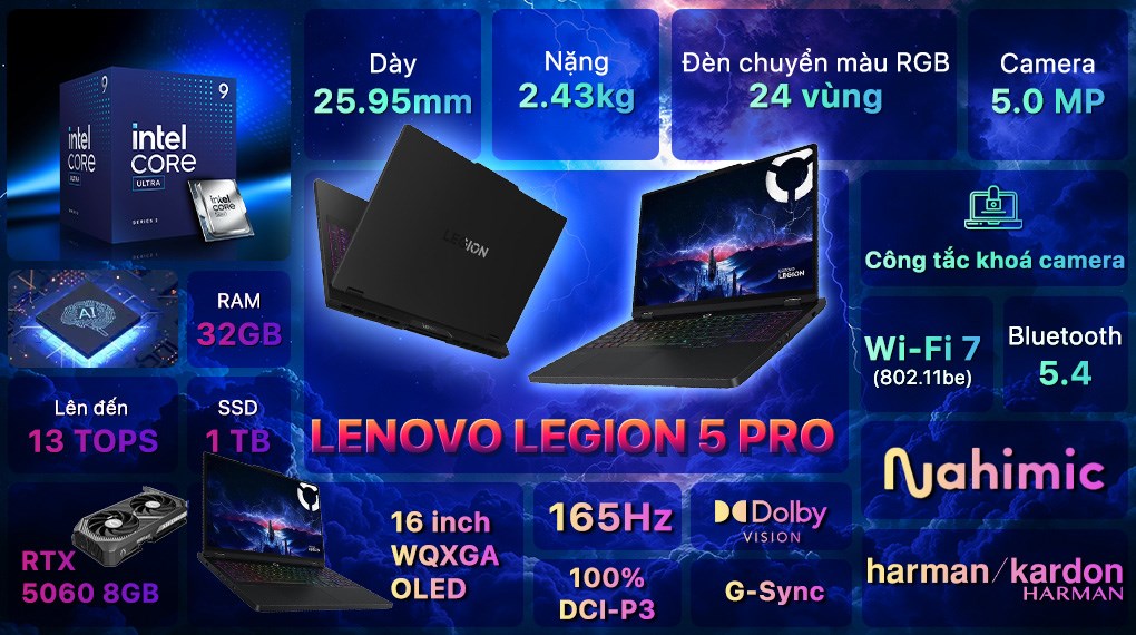 Laptop Lenovo Gaming Legion 5 Pro 16IAX10 - 83F3003VVN (Ultra 9 275HX, 32GB, 1TB, RTX 5060 8GB, WQXGA OLED 165Hz, OfficeH24, Win11)