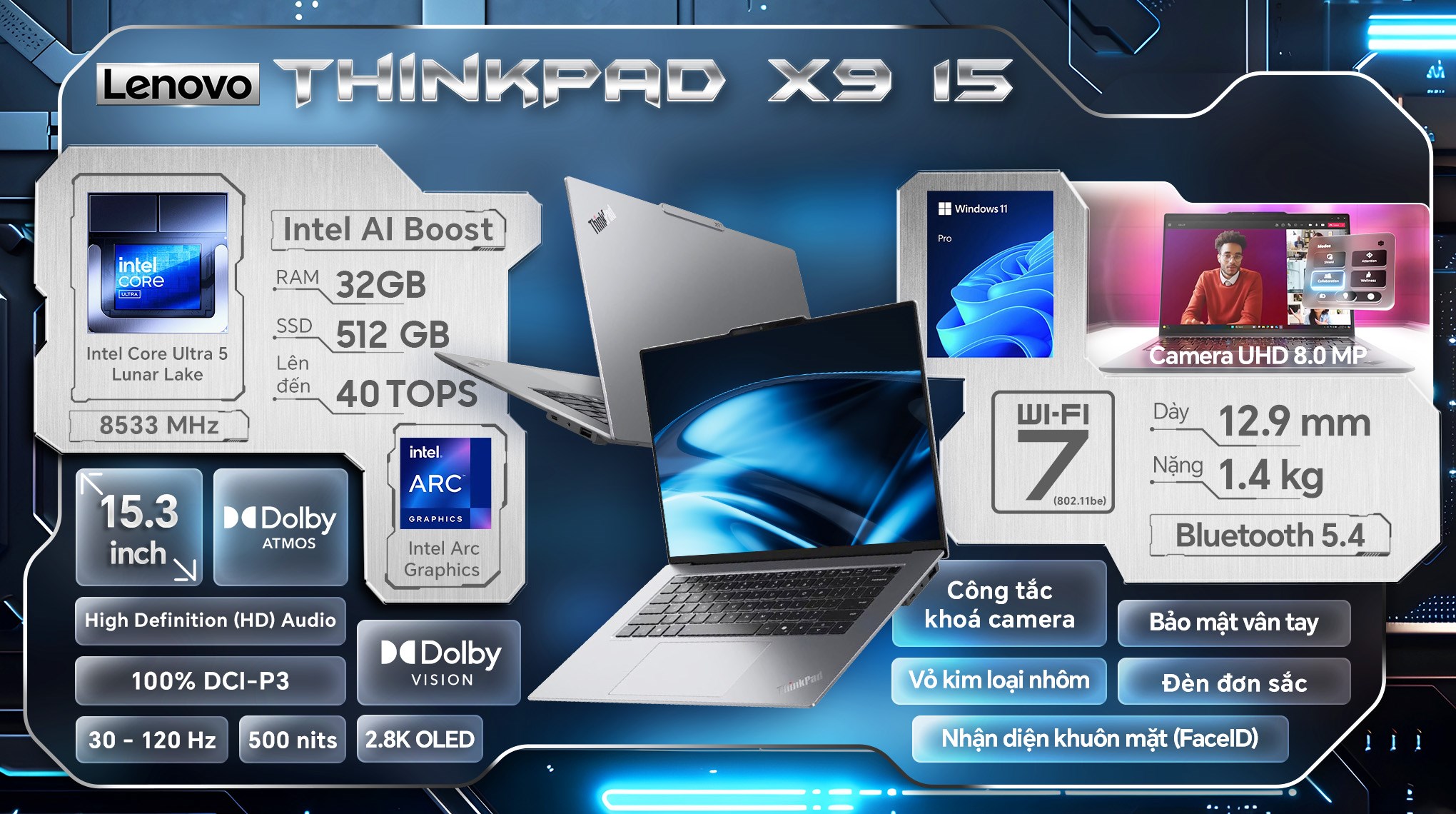 Laptop Lenovo ThinkPad X9 15 OLED - 21Q60050VN (Ultra 5 228V, 32GB, 512GB, 2.8K OLED 120Hz, Win11 Pro)