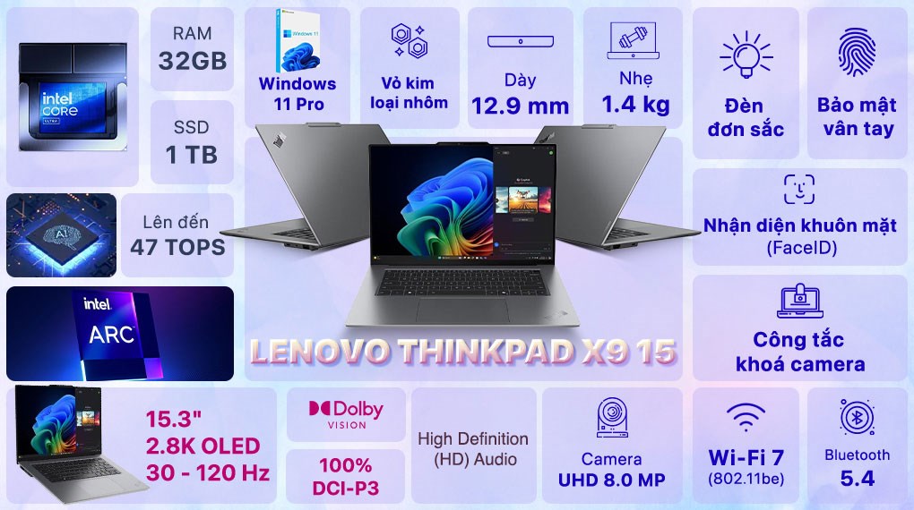 Laptop Lenovo ThinkPad X9 15 - 21Q60054VN (Ultra 7 258V, 32GB, 1TB, 2.8K OLED 120Hz, Win11 Pro)