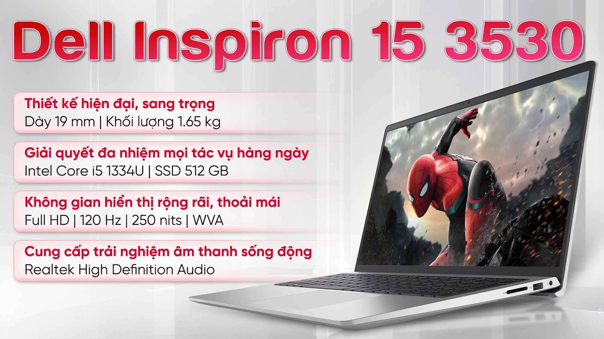 Laptop Dell Inspiron 15 3530 - P16WD22 (i5 1334U, 16GB, 512GB, Full HD 120Hz, OfficeH24+365, Win11)