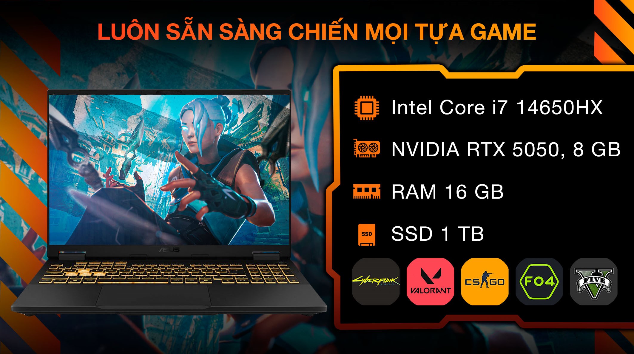 Laptop Asus TUF Gaming F16 FX608JHR - RV037W (i7 14650HX, 16GB, 1TB, RTX 5050 8GB, WUXGA 165Hz, Win11)