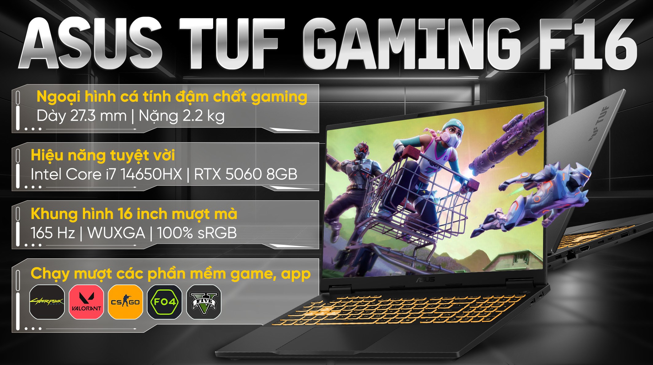 Laptop Asus TUF Gaming F16 FX608JMR - RV048W (i7 14650HX, 16GB, 1TB, RTX 5060 8GB, WUXGA 165Hz, Win11)