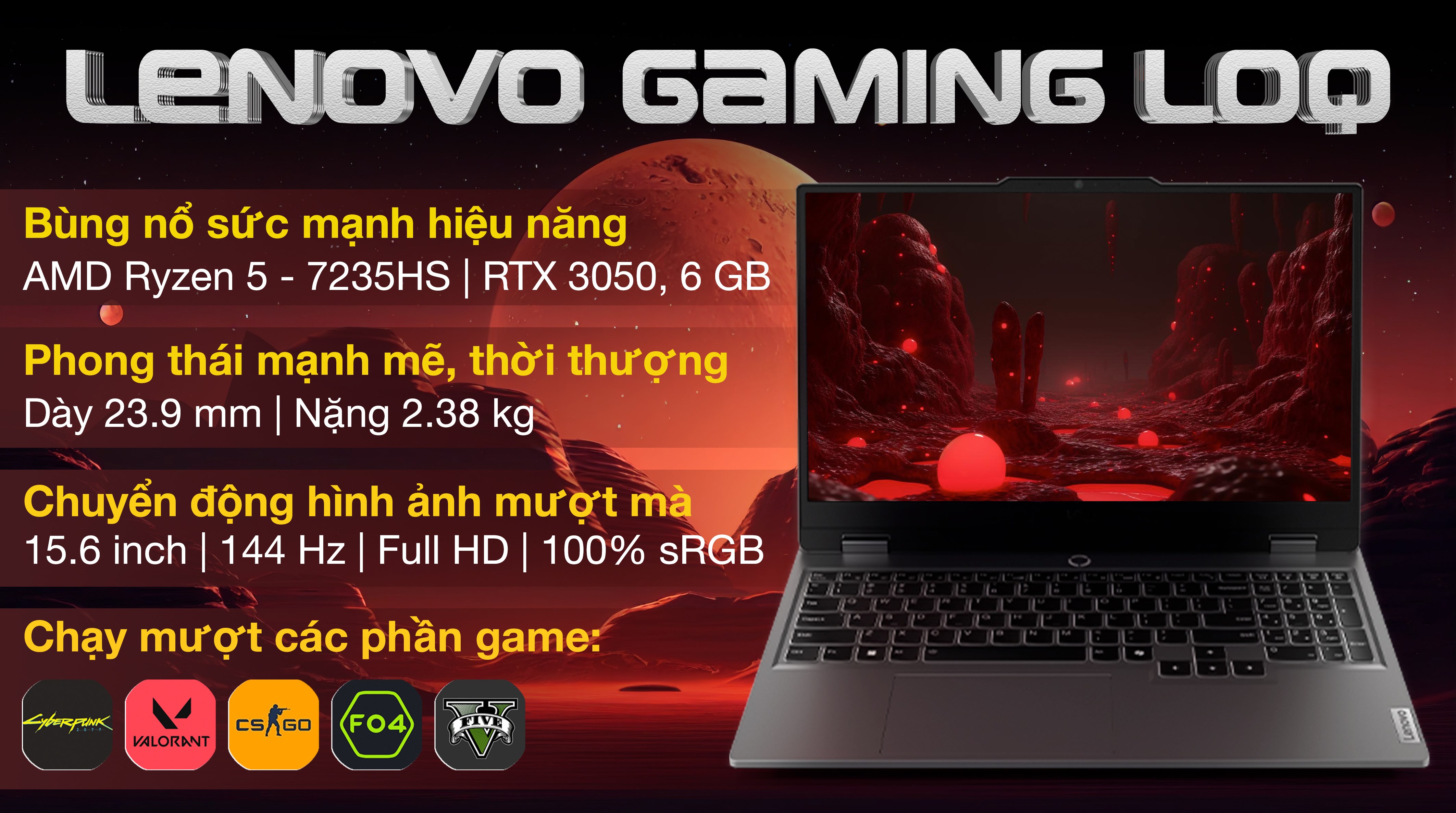 Laptop Lenovo Gaming LOQ 15ARP9 - 83JC00KUVN (R5 7235HS, 24GB, 1TB, RTX 3050 6GB, Full HD 144Hz, Win11)