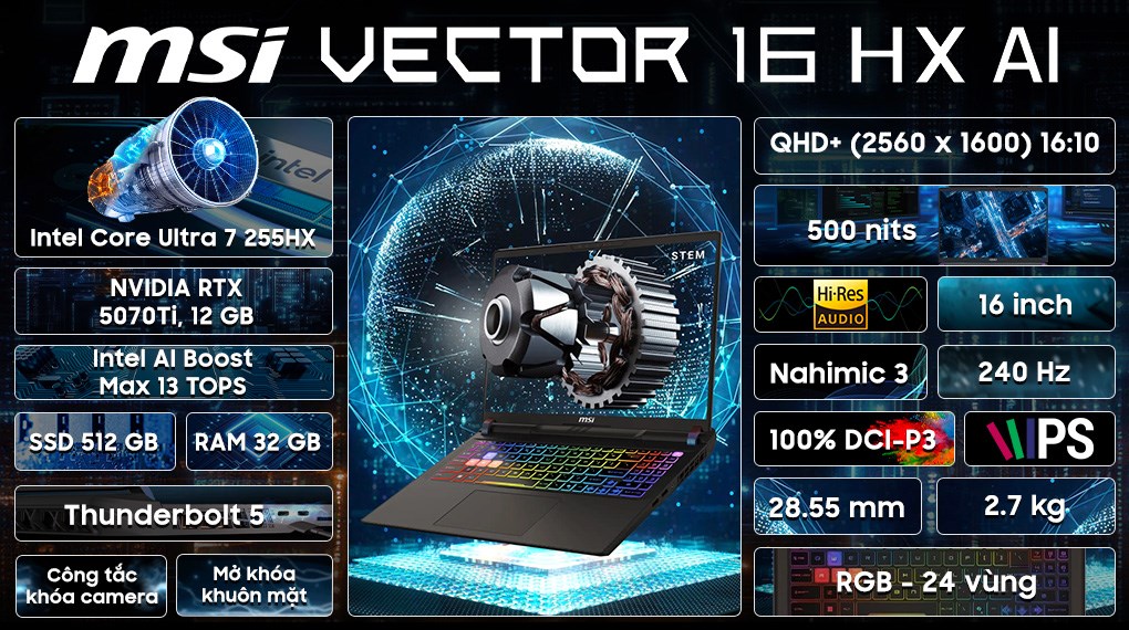 Laptop MSI Gaming Vector 16 HX AI A2XWHG - 010VN_32GB (Ultra 7 255HX, 32GB, 512GB, RTX 5070Ti 12GB, QHD+ 240Hz, Win11)