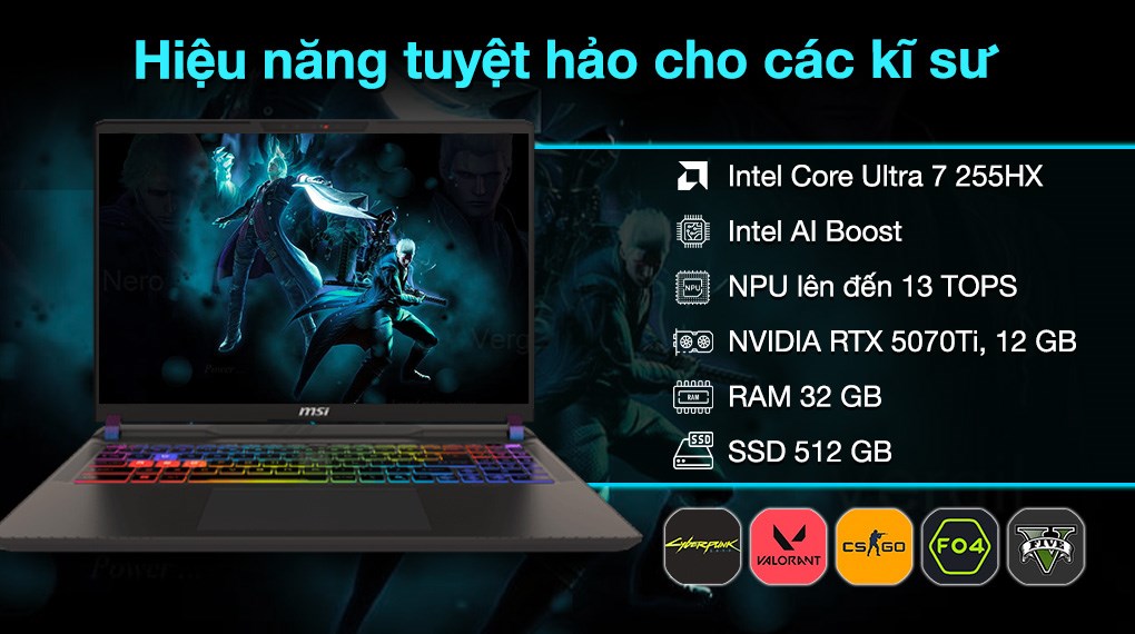 Laptop MSI Gaming Vector 16 HX AI A2XWHG - 010VN_32GB (Ultra 7 255HX, 32GB, 512GB, RTX 5070Ti 12GB, QHD+ 240Hz, Win11)