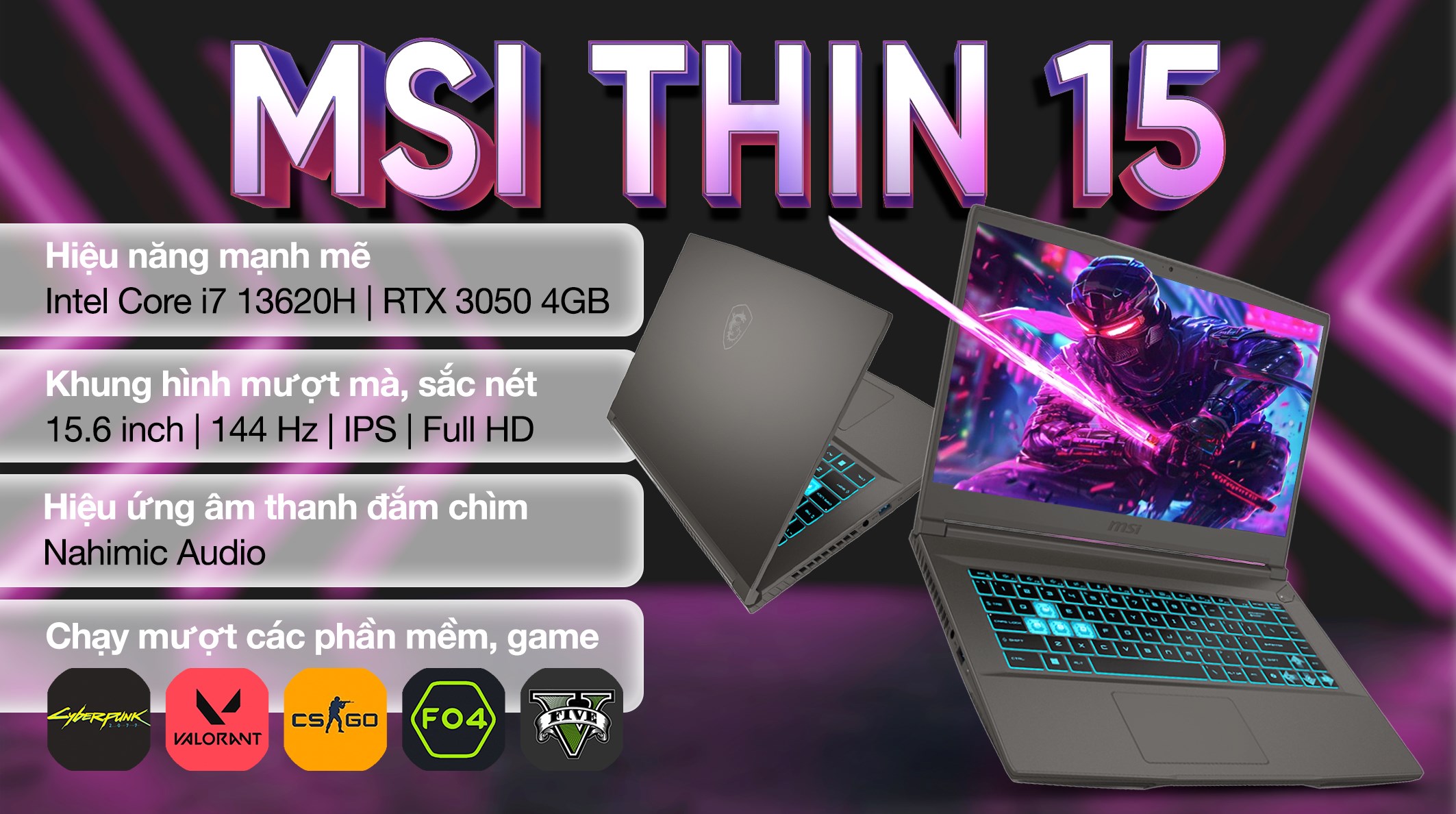 Laptop MSI Gaming Thin 15 B13UC - 1411VN_16GB (i7 13620H, 16GB, 512GB, RTX 3050 4GB, Full HD 144Hz, Win11)