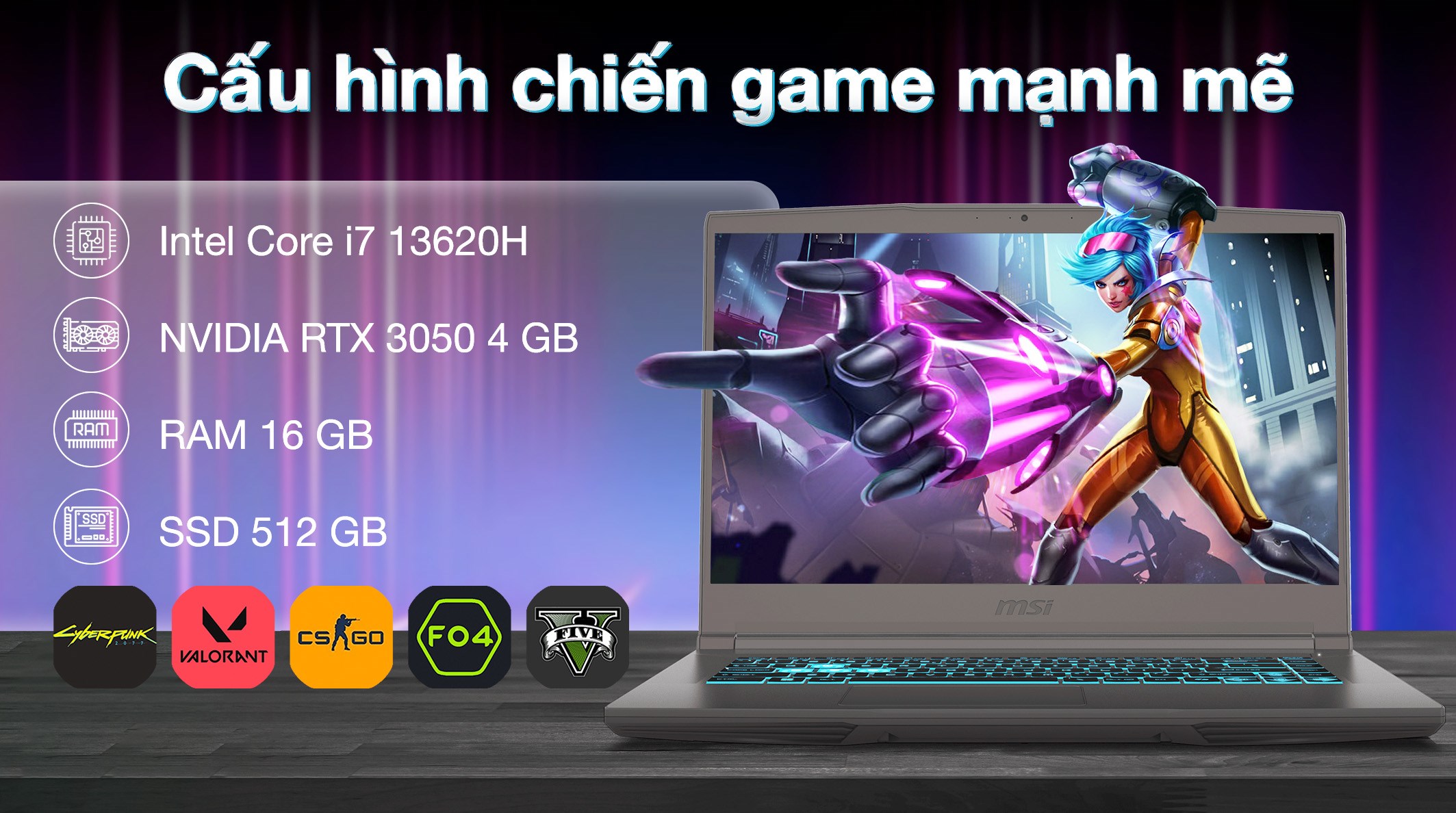 Laptop MSI Gaming Thin 15 B13UC - 1411VN_16GB (i7 13620H, 16GB, 512GB, RTX 3050 4GB, Full HD 144Hz, Win11)