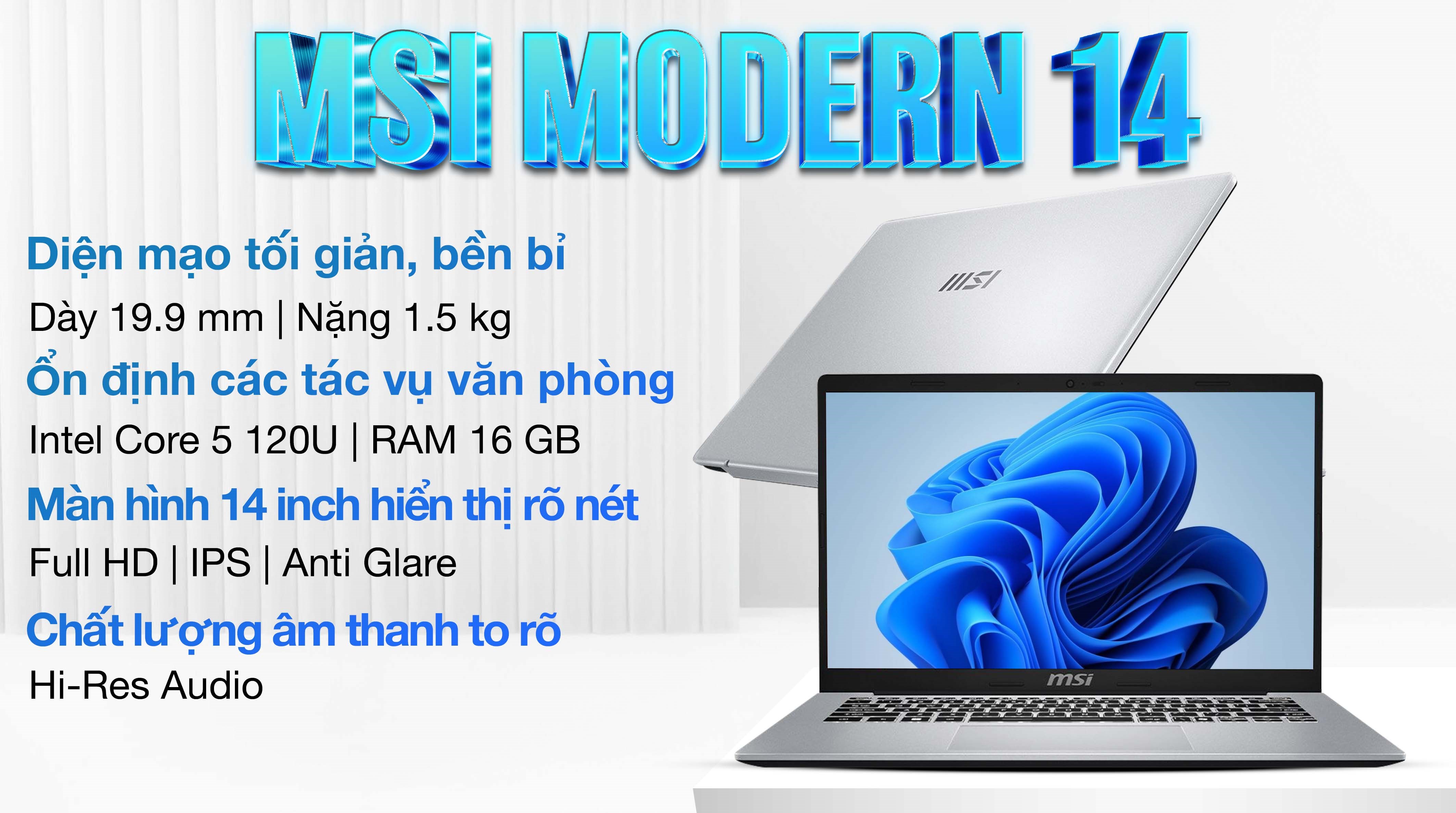 Laptop MSI Modern 14 F1MG - 432VN (Core 5 120U, 16GB, 512GB, Full HD, Win11)