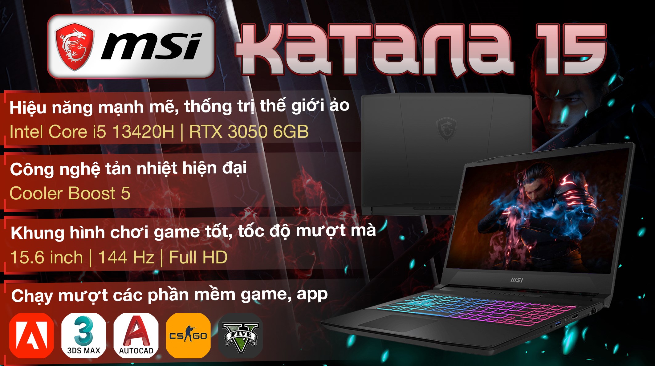 Laptop MSI Gaming Katana 15 B13UDXK - 2410VN (i5 13420H, 16GB, 512GB, RTX 3050 6GB, Full HD 144Hz, Win11)