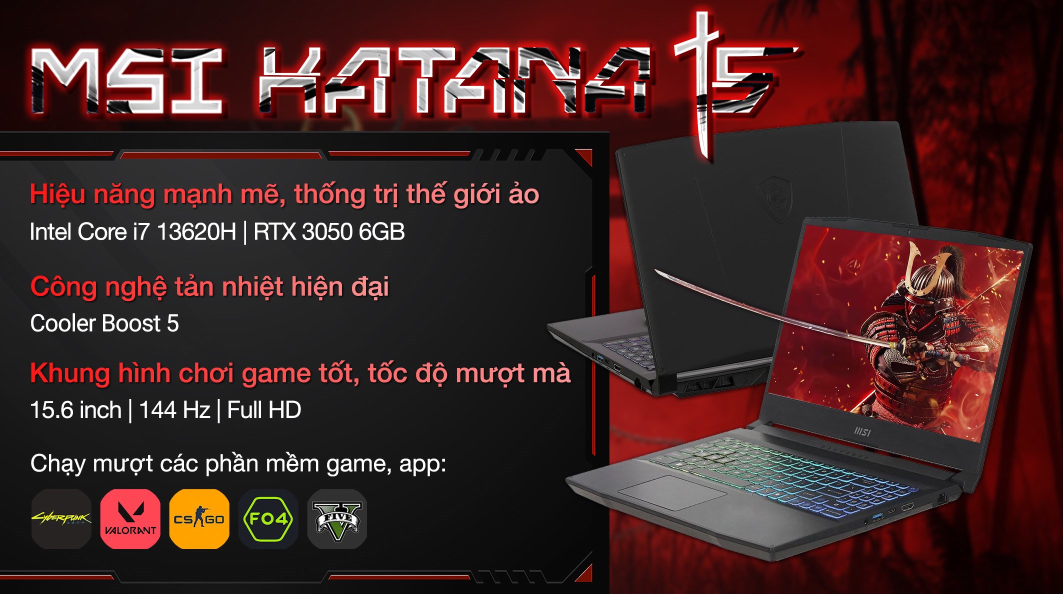 Laptop MSI Gaming Katana 15 B13UDXK - 2411VN (i7 13620H, 16GB, 512GB, RTX 3050 6GB, Full HD 144Hz, Win11)