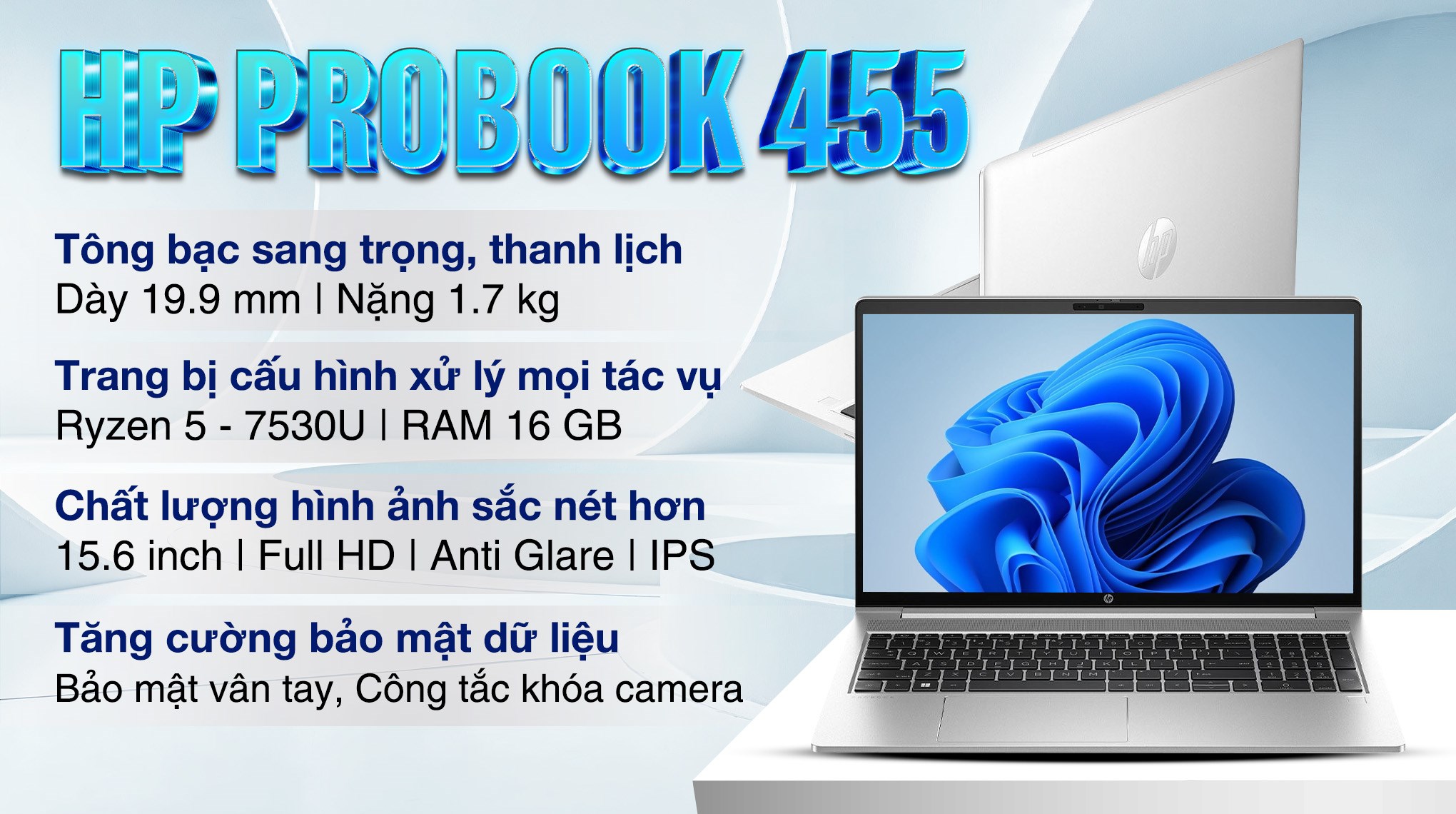 Laptop HP Probook 455 G10 - B8PG7AT (R5 7530U, 16GB, 512GB, Full HD, Win11)