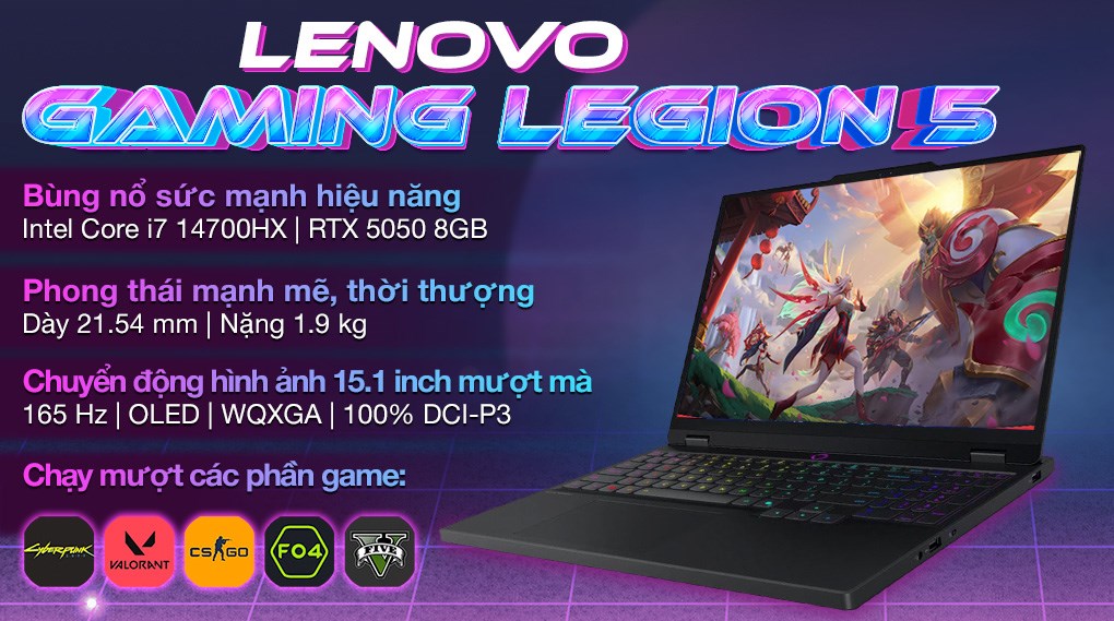 Laptop Lenovo Gaming Legion 5 15IRX10 - 83LY00A6VN (i7 14700HX, 24GB, 512GB, RTX 5050 8GB, WQXGA OLED 165Hz, OfficeH24, Win11)