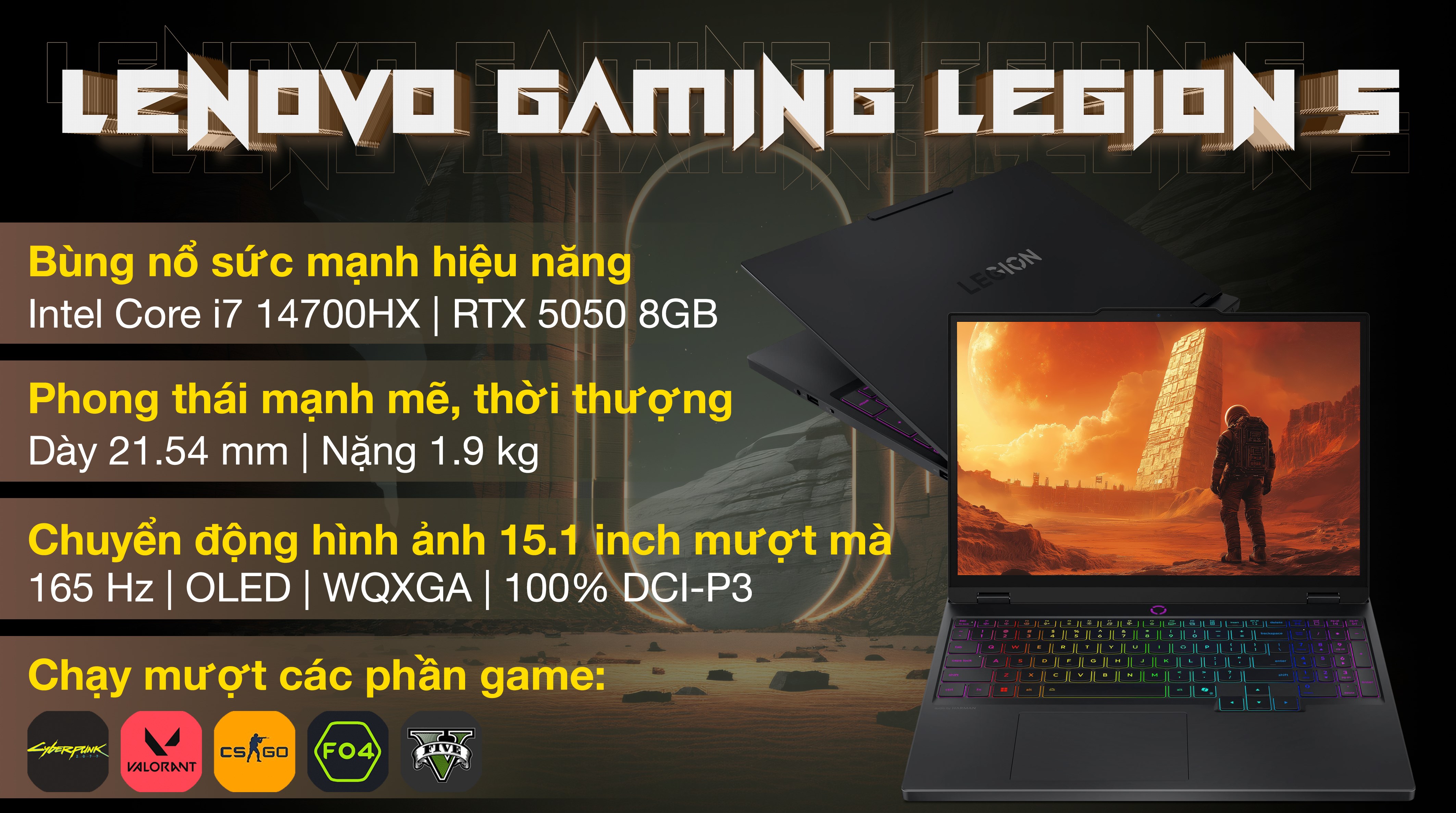 Laptop Lenovo Gaming Legion 5 15IRX10 - 83LY00A7VN (i7 14700HX, 16GB, 512GB, RTX 5050 8GB, WQXGA OLED 165Hz, OfficeH24, Win11)