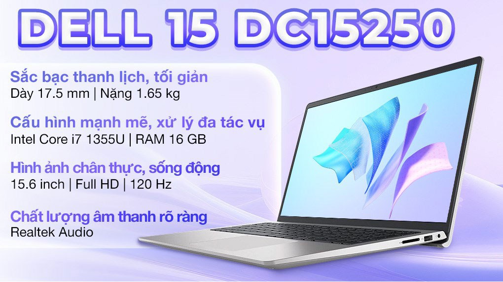 Laptop Dell 15 DC15250 - DC5I7748W1 (i7 1355U, 16GB, 512GB, Full HD 120Hz, OfficeH24+365, Win11)