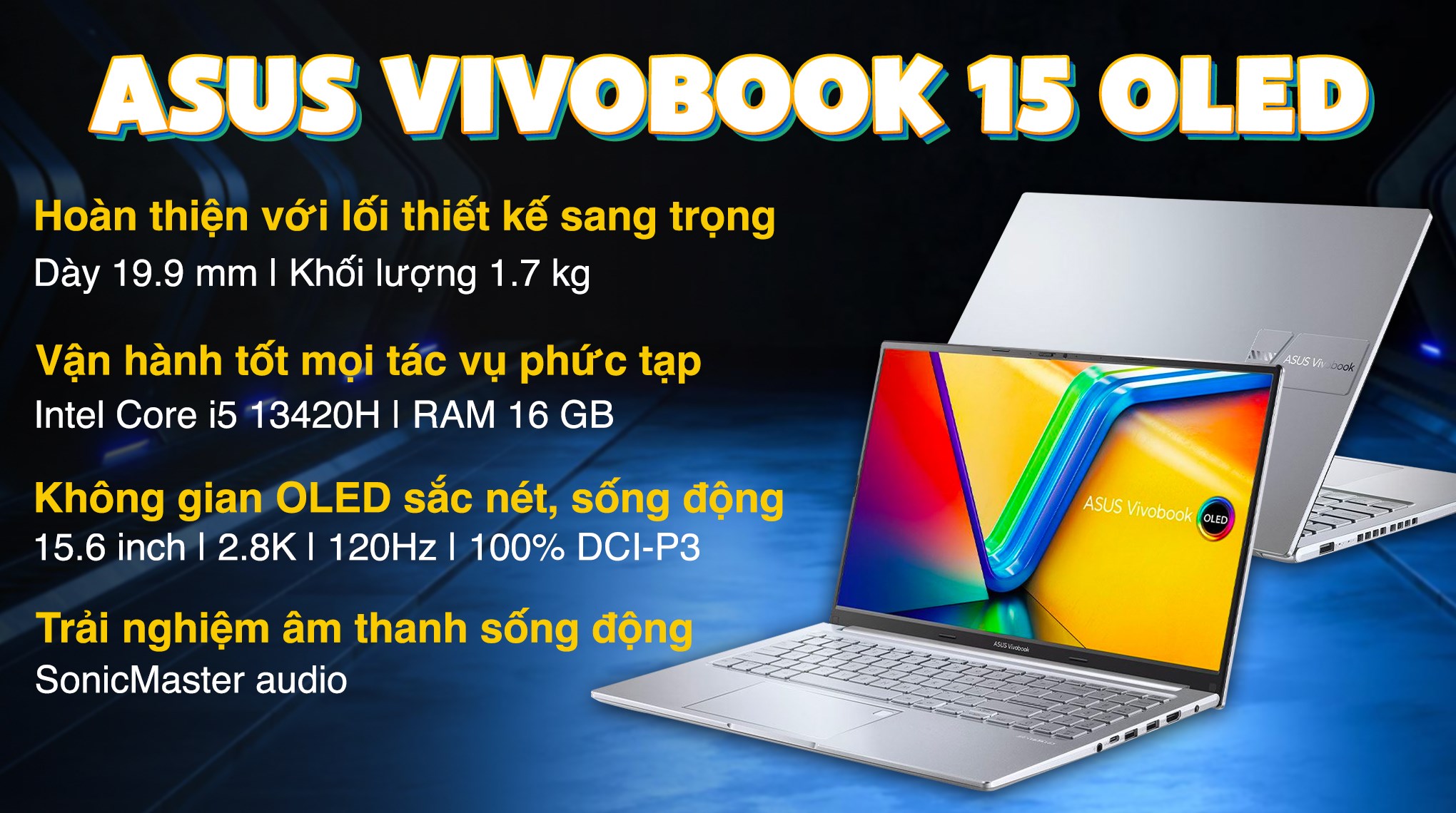 Laptop Asus Vivobook 15 OLED A1505VA - MA515WS (i5 13420H, 16GB, 512GB, 2.8K OLED 120Hz, OfficeH24+365, Win11)