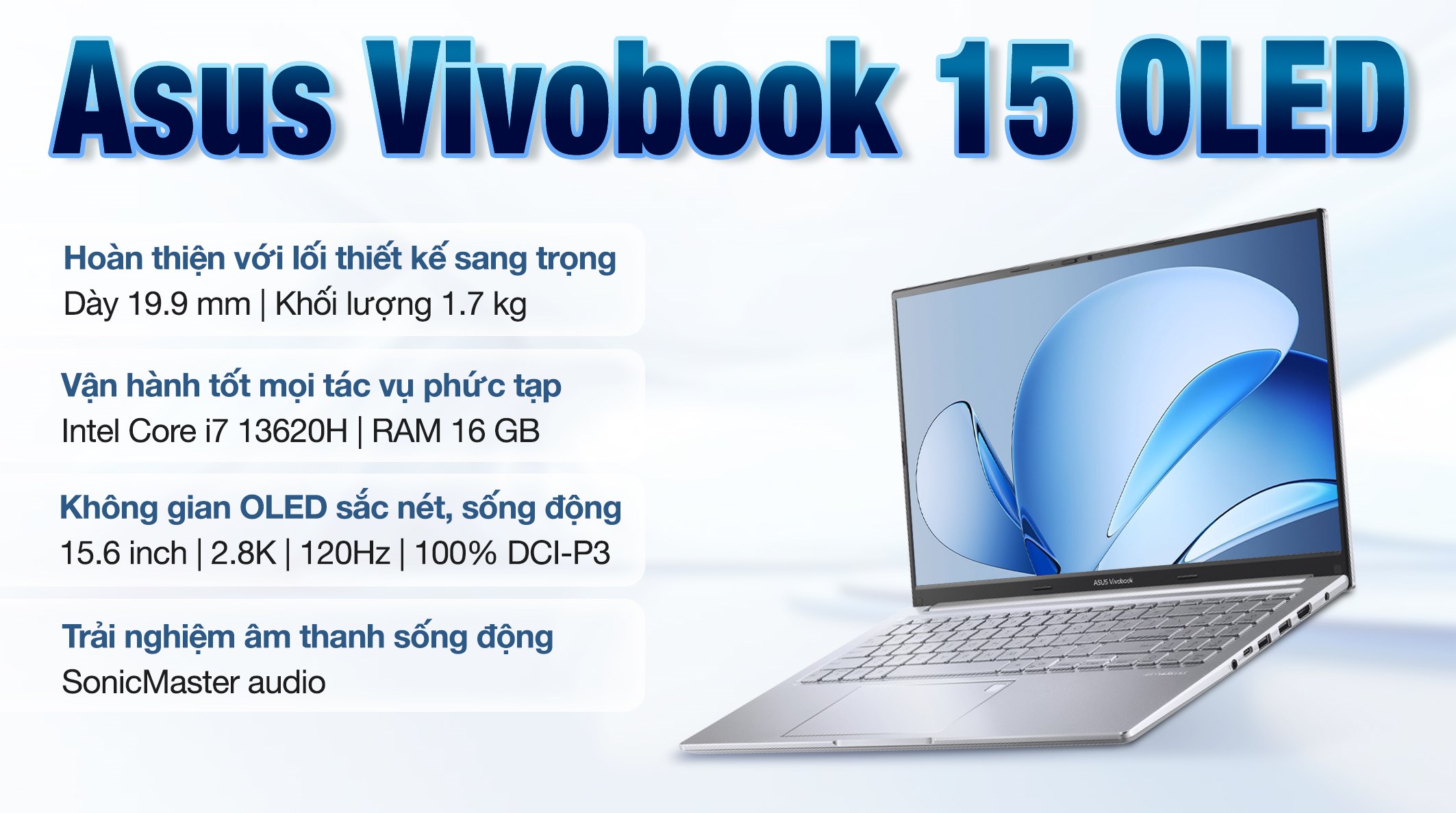 Laptop Asus Vivobook 15 OLED A1505VA - MA570WS (i7 13620H, 16GB, 512GB, 2.8K OLED 120Hz, OfficeH24+365, Win11)