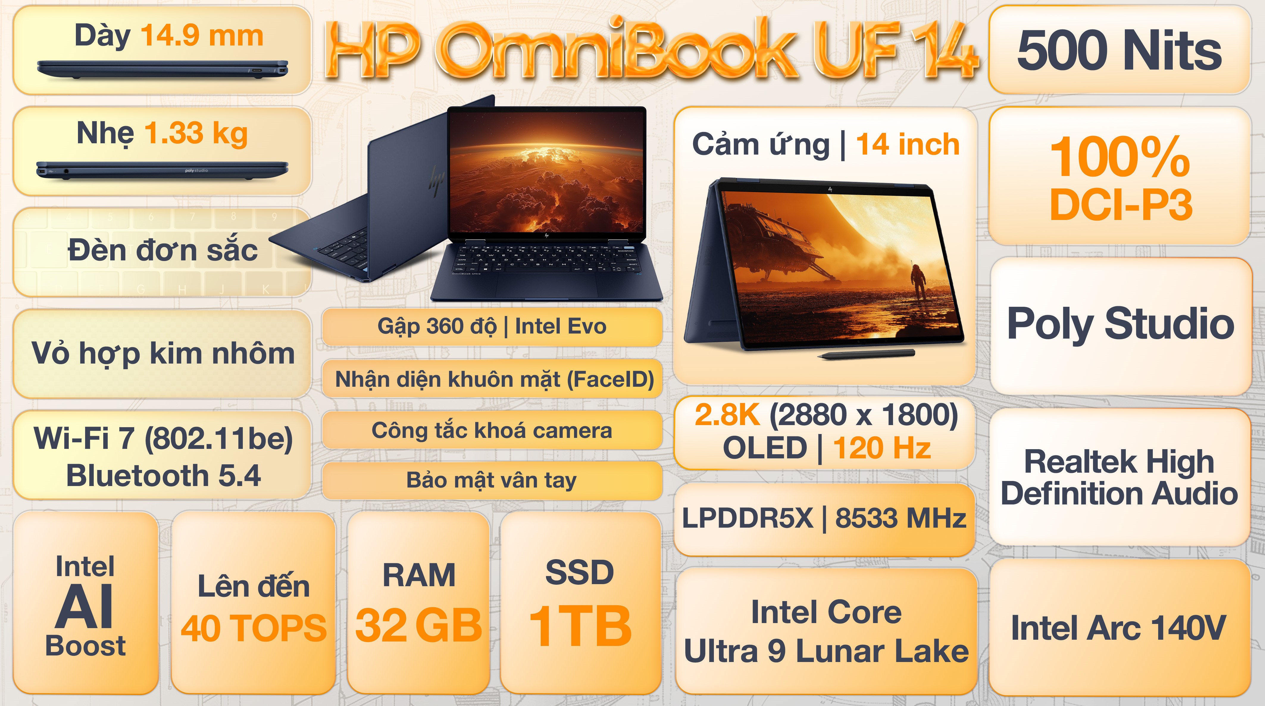 Laptop HP OmniBook UF 14 fh0095TU - BZ7S2PA (Ultra 9 288V, 32GB, 1TB, 2.8K OLED 120Hz, Cảm ứng, OfficeH24, Win11)