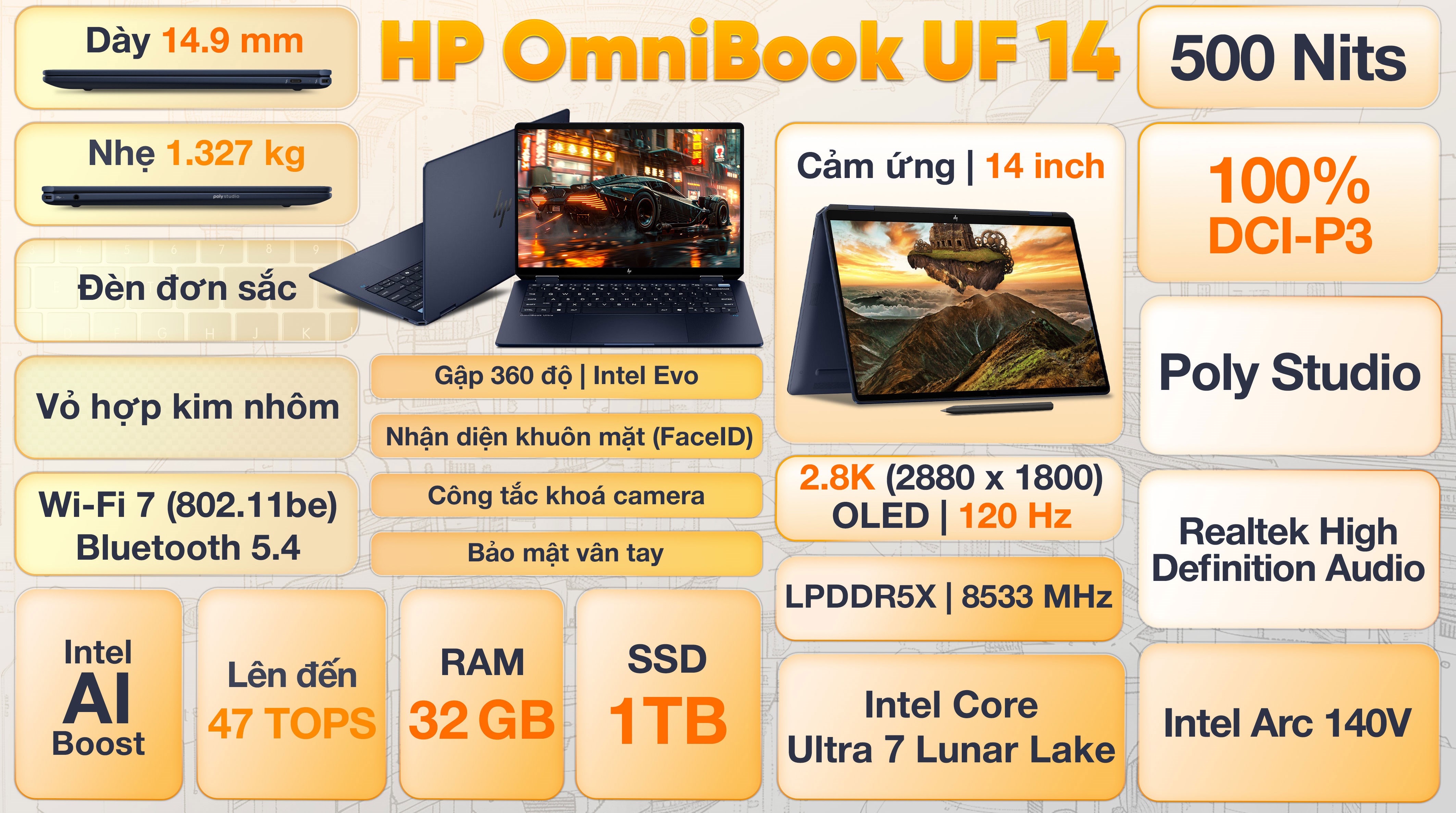 Laptop HP OmniBook UF 14 fh0097TU - BZ7S3PA (Ultra 7 258V, 32GB, 1TB, 2.8K OLED 120Hz, Cảm ứng, OfficeH24, Win11)