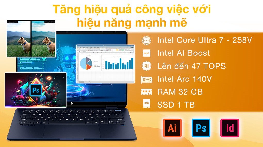 Laptop HP OmniBook UF 14 fh0097TU - BZ7S3PA (Ultra 7 258V, 32GB, 1TB, 2.8K OLED 120Hz, Cảm ứng, OfficeH24, Win11)