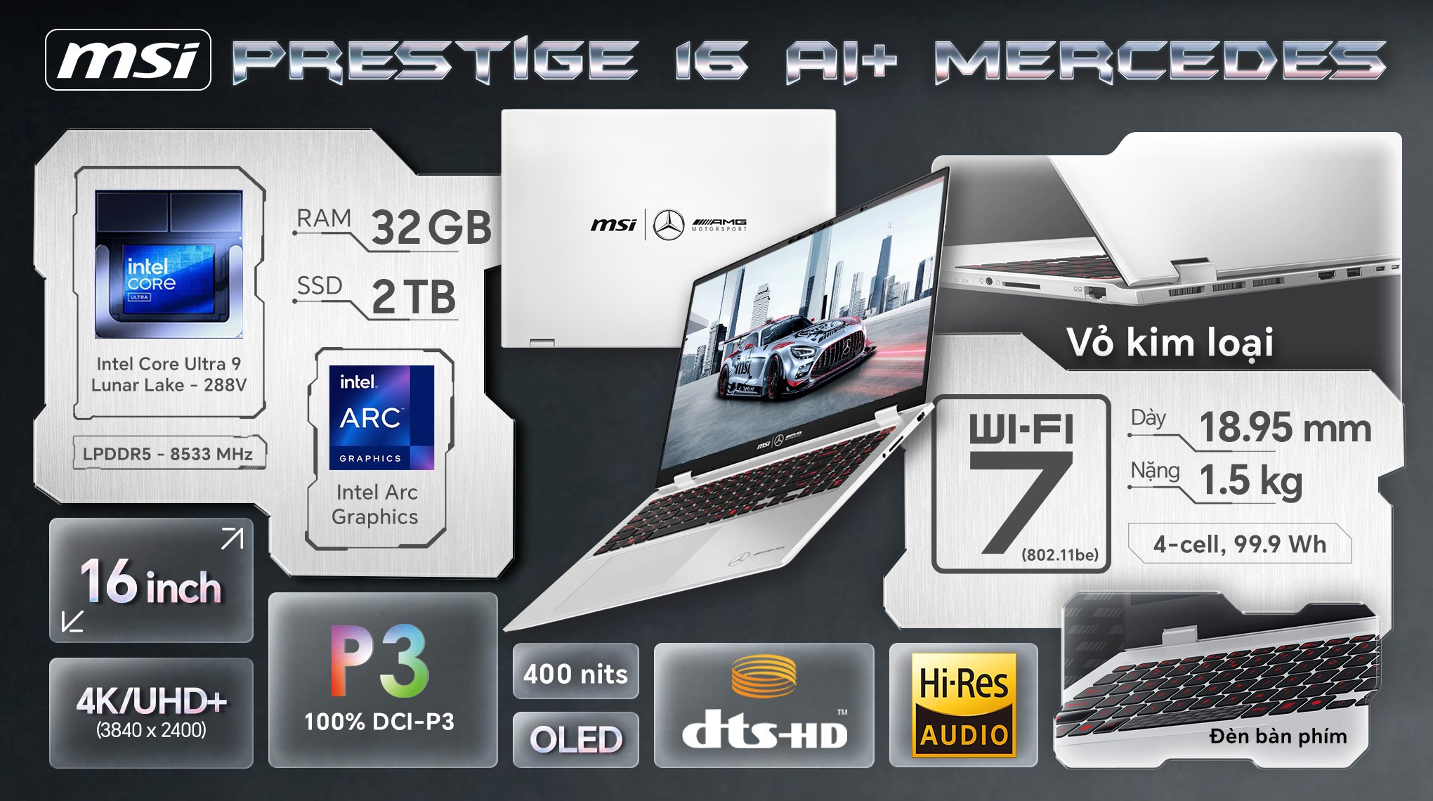 Laptop MSI Prestige 16 AI+ Mercedes AMG B2VMG - 088VN (Ultra 9 288V, 32GB, 2TB, UHD+ OLED 240Hz, Win 11)