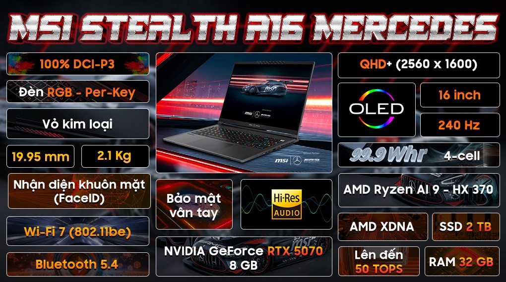 Laptop MSI Stealth A16 Mercedes AMG AI+ A3XWGG - 032VN (R9 AI HX 370, 32GB, 2TB, RTX 5070 8GB, QHD+ OLED 240Hz, Win11)