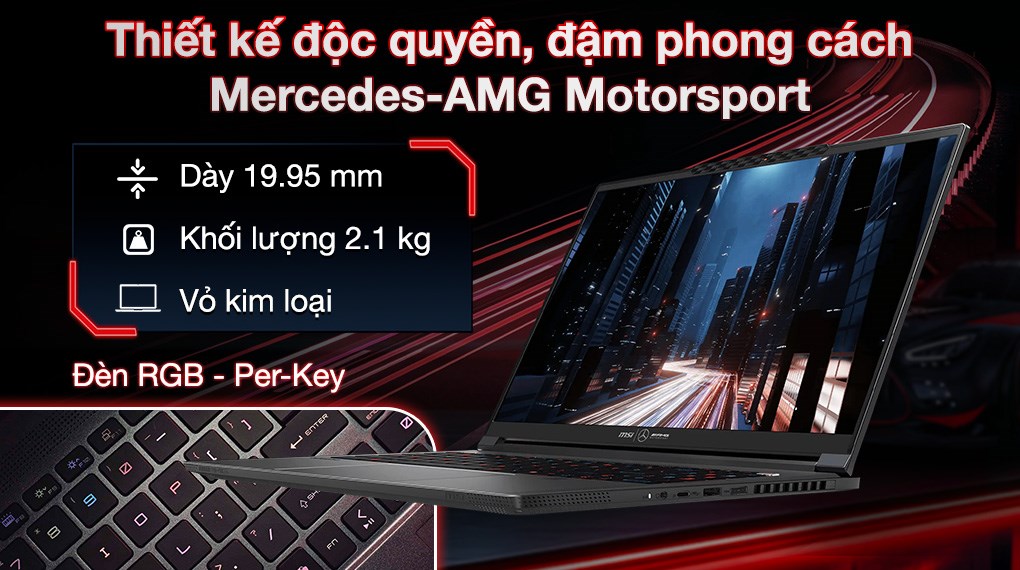 Laptop MSI Stealth A16 Mercedes AMG AI+ A3XWGG - 032VN (R9 AI HX 370, 32GB, 2TB, RTX 5070 8GB, QHD+ OLED 240Hz, Win11)