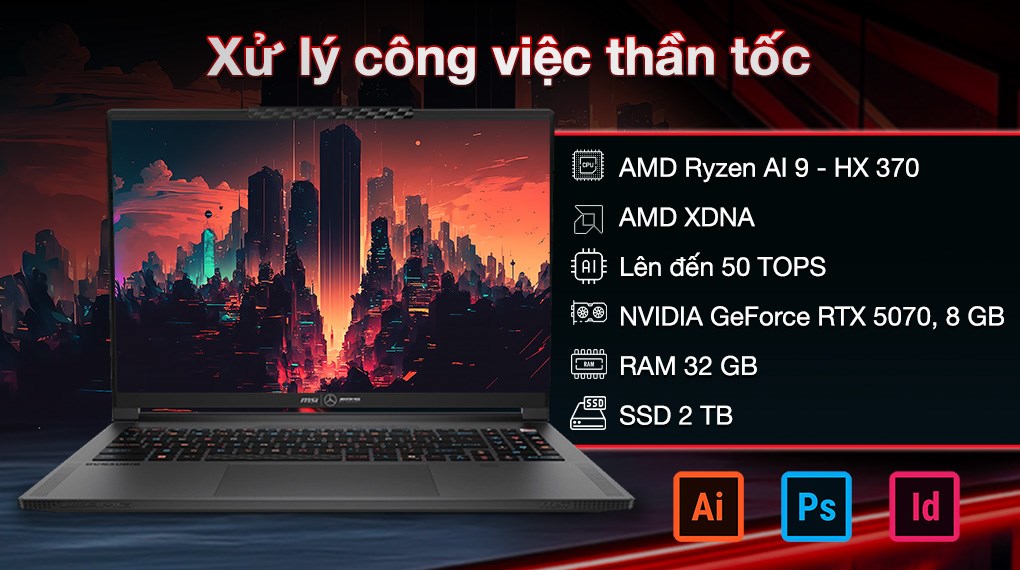 Laptop MSI Stealth A16 Mercedes AMG AI+ A3XWGG - 032VN (R9 AI HX 370, 32GB, 2TB, RTX 5070 8GB, QHD+ OLED 240Hz, Win11)