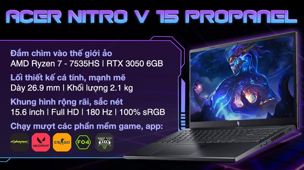 Laptop Acer Gaming Nitro V 15 ProPanel ANV15 41 R0FE - NH.QPFSV.005 (R7 7735HS, 16GB, 512GB, RTX 3050 6GB, Full HD 180Hz, Win11)