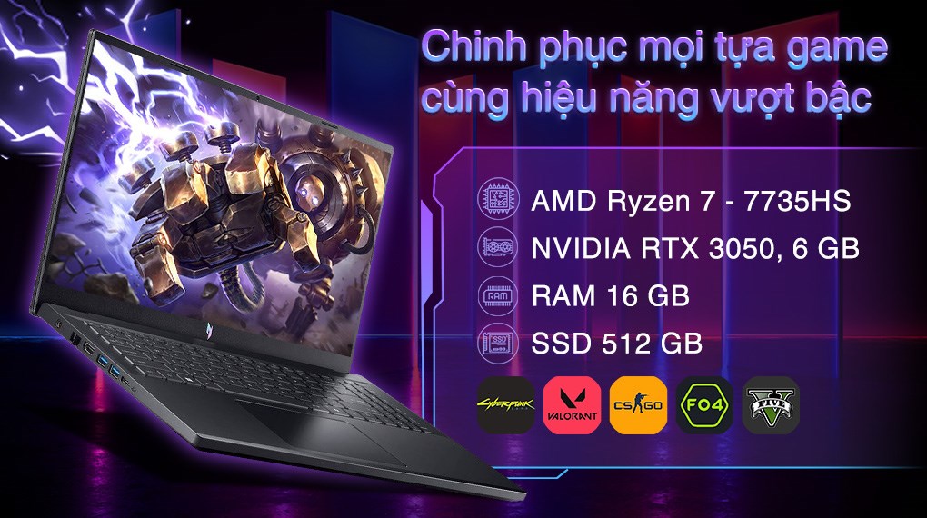 Laptop Acer Gaming Nitro V 15 ProPanel ANV15 41 R0FE - NH.QPFSV.005 (R7 7735HS, 16GB, 512GB, RTX 3050 6GB, Full HD 180Hz, Win11)