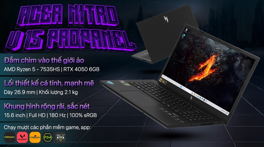 Laptop Acer Gaming Nitro V 15 ProPanel ANV15 41 R7CR - NH.QPESV.003 (R5 7535HS, 16GB, 512GB, RTX 4050 6GB, Full HD 180Hz, Win11)