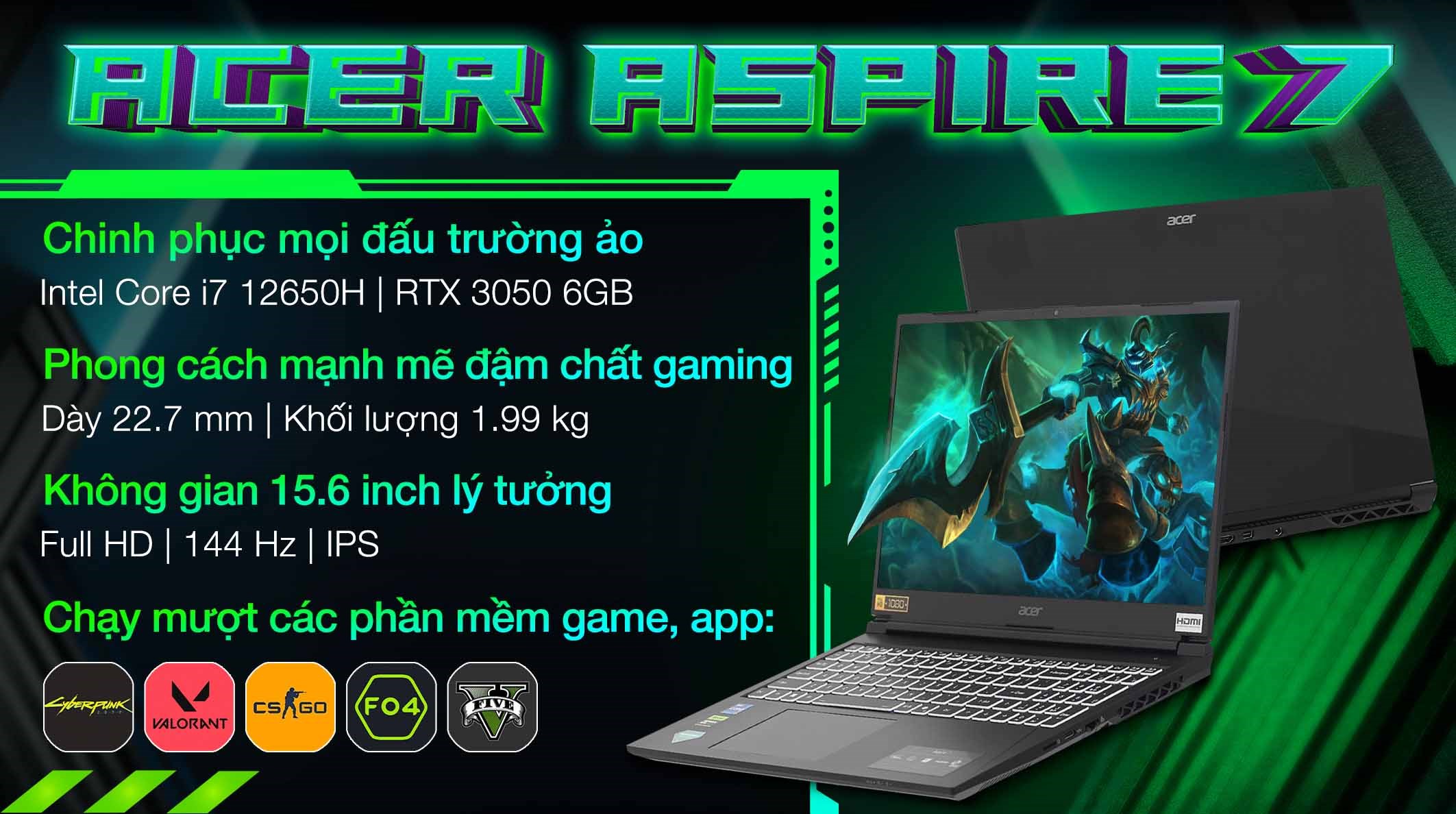 Laptop Acer Gaming Aspire 7 A715 59G 73LB - NH.QX6SV.002 (i7 12650H, 16GB, 512GB, RTX 3050 6GB, Full HD 144Hz, Win11)