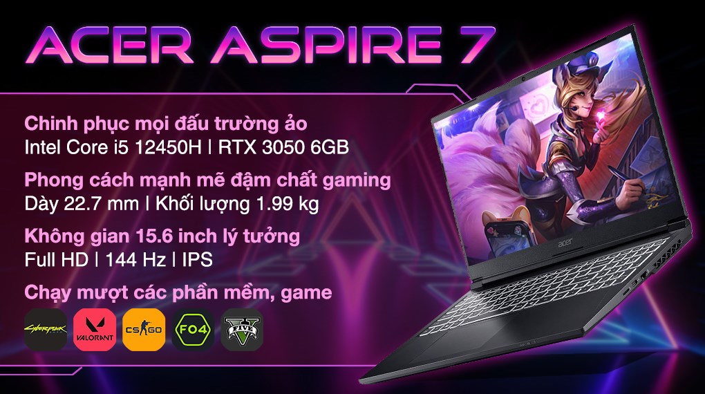 Laptop Acer Gaming Aspire 7 A715 59G 57TU - NH.QX6SV.001 (i5 12450H, 16GB, 512GB, RTX 3050 6GB, Full HD 144Hz, Win11)