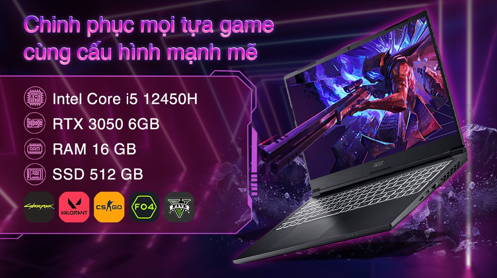 Laptop Acer Gaming Aspire 7 A715 59G 57TU - NH.QX6SV.001 (i5 12450H, 16GB, 512GB, RTX 3050 6GB, Full HD 144Hz, Win11)